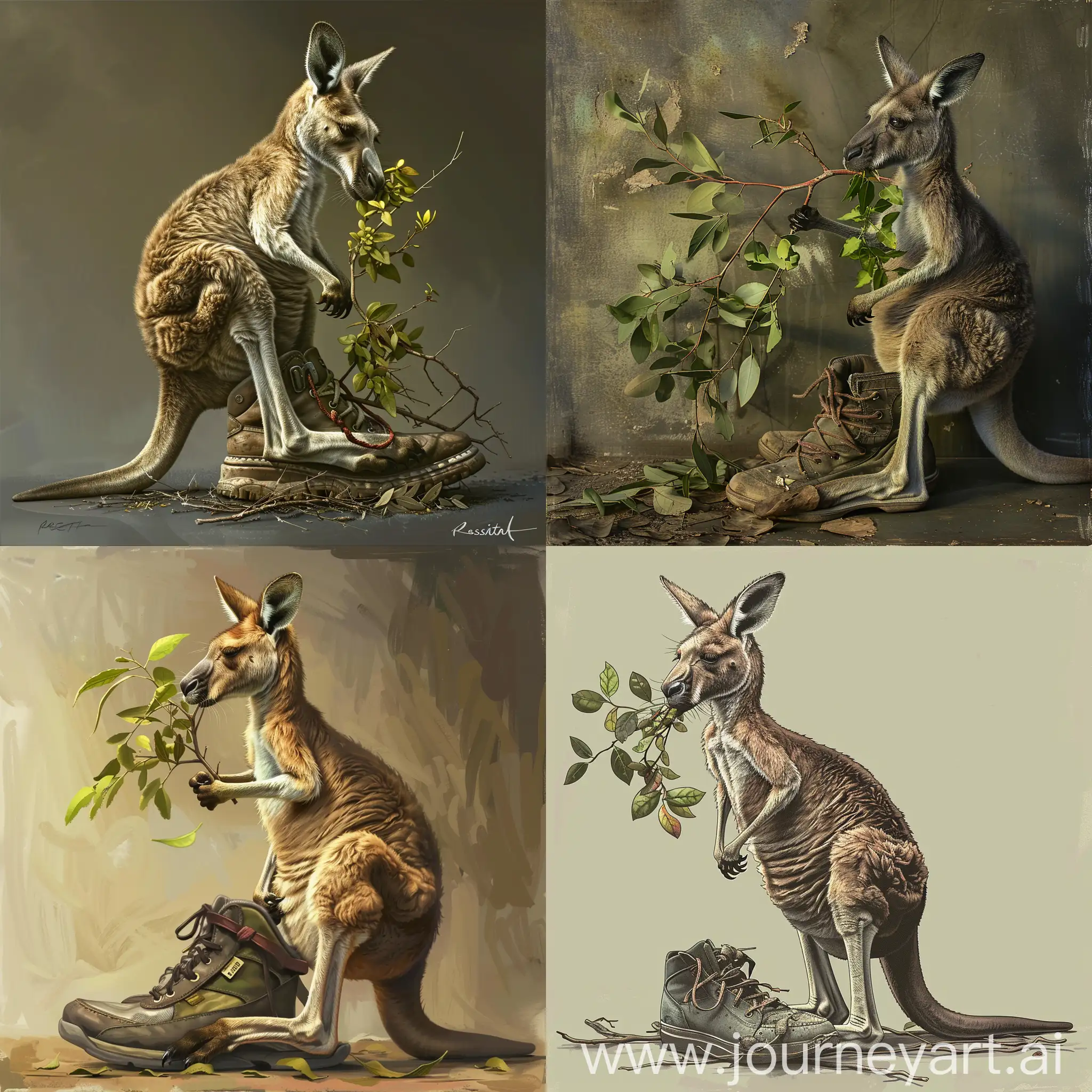Kangaroo-Enjoying-Fresh-Foliage-on-a-Shoe-Whimsical-Rosita-Wachtmeister-Style-Art