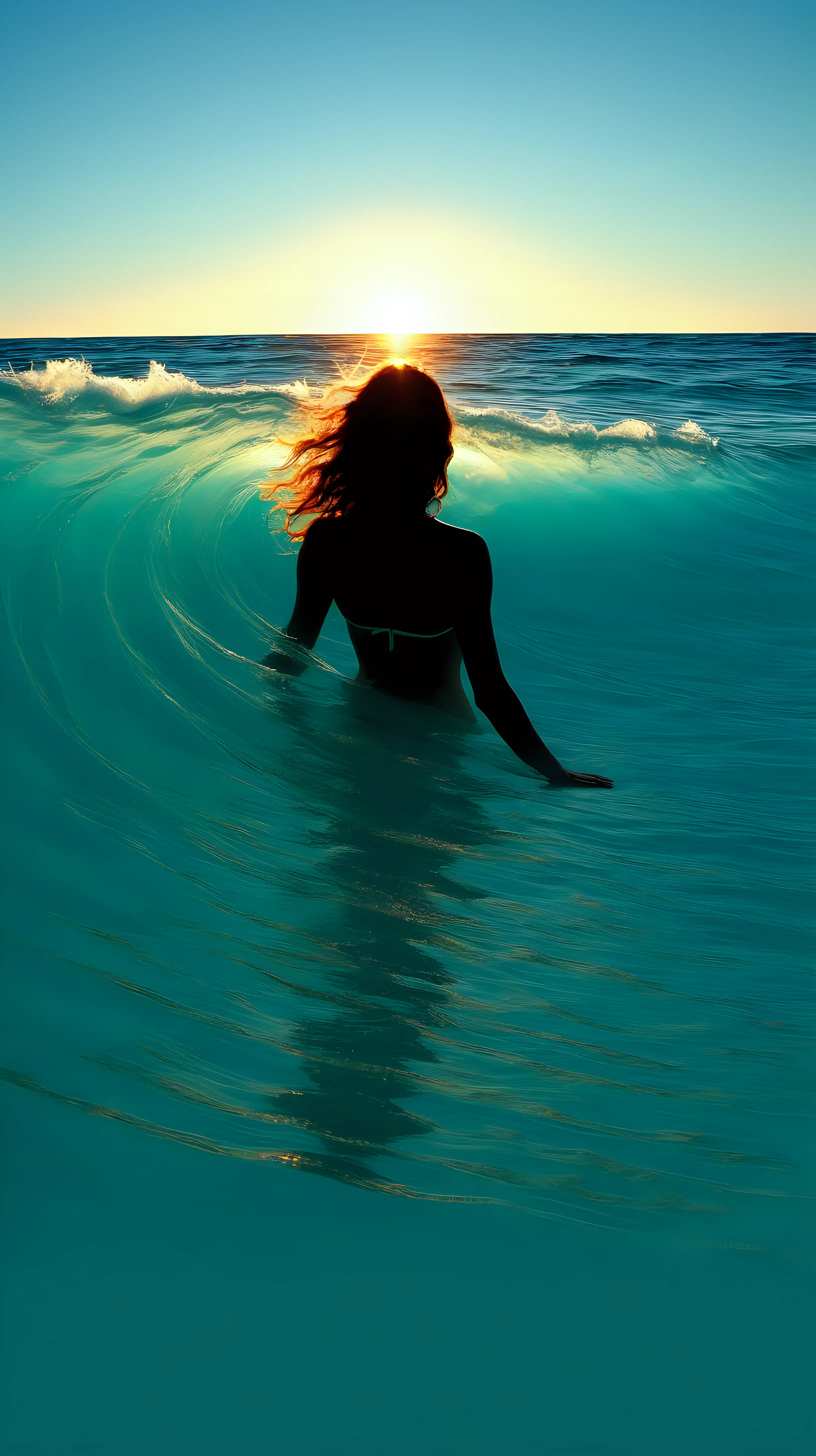 Waves, a woman, sunrise , crystal clear aqua blue water, “-V6”