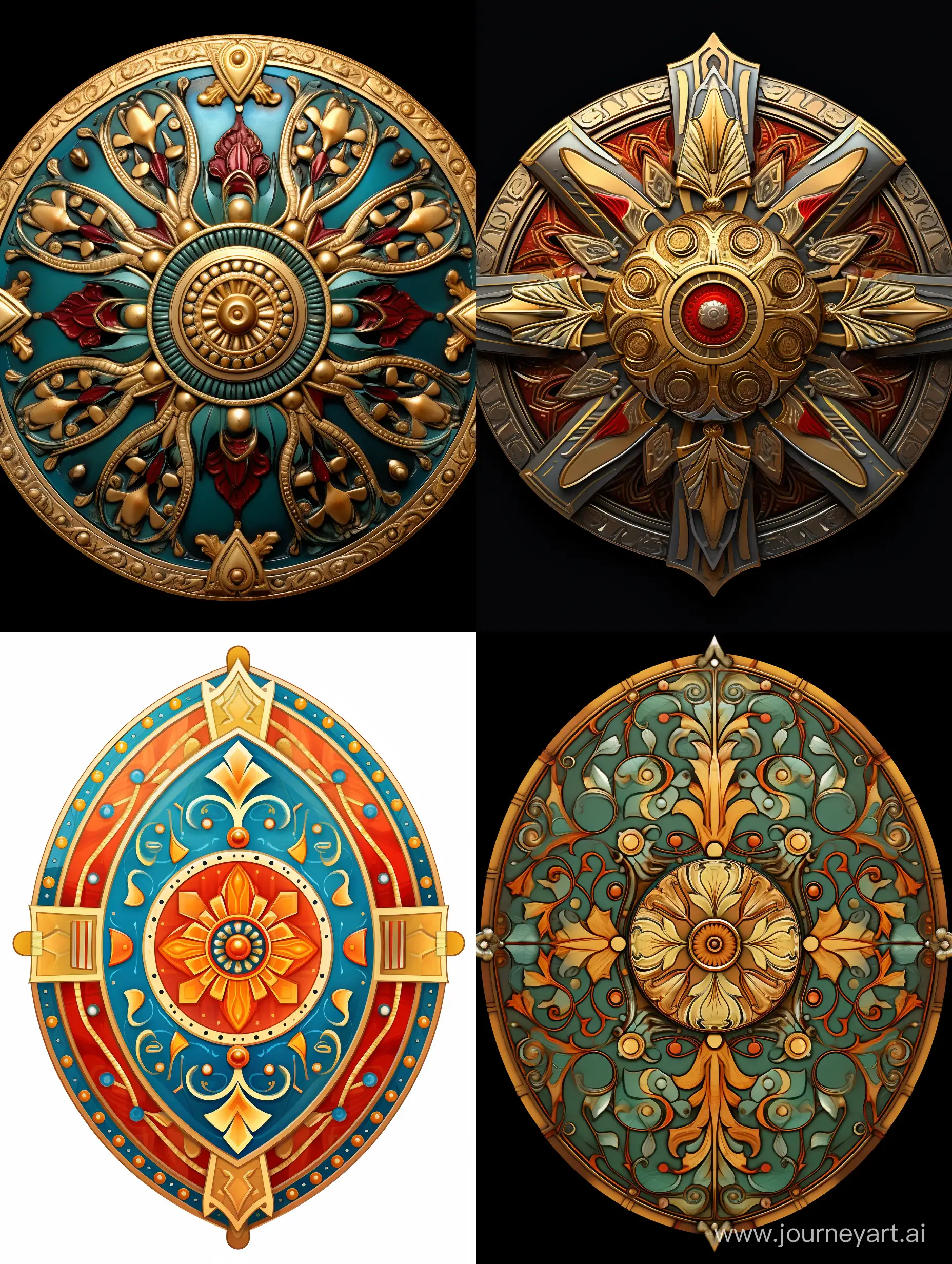 Ancient Roman shield, part of defensive armament, Greek ornament in a circle, detailed, decorative, bright colors, 