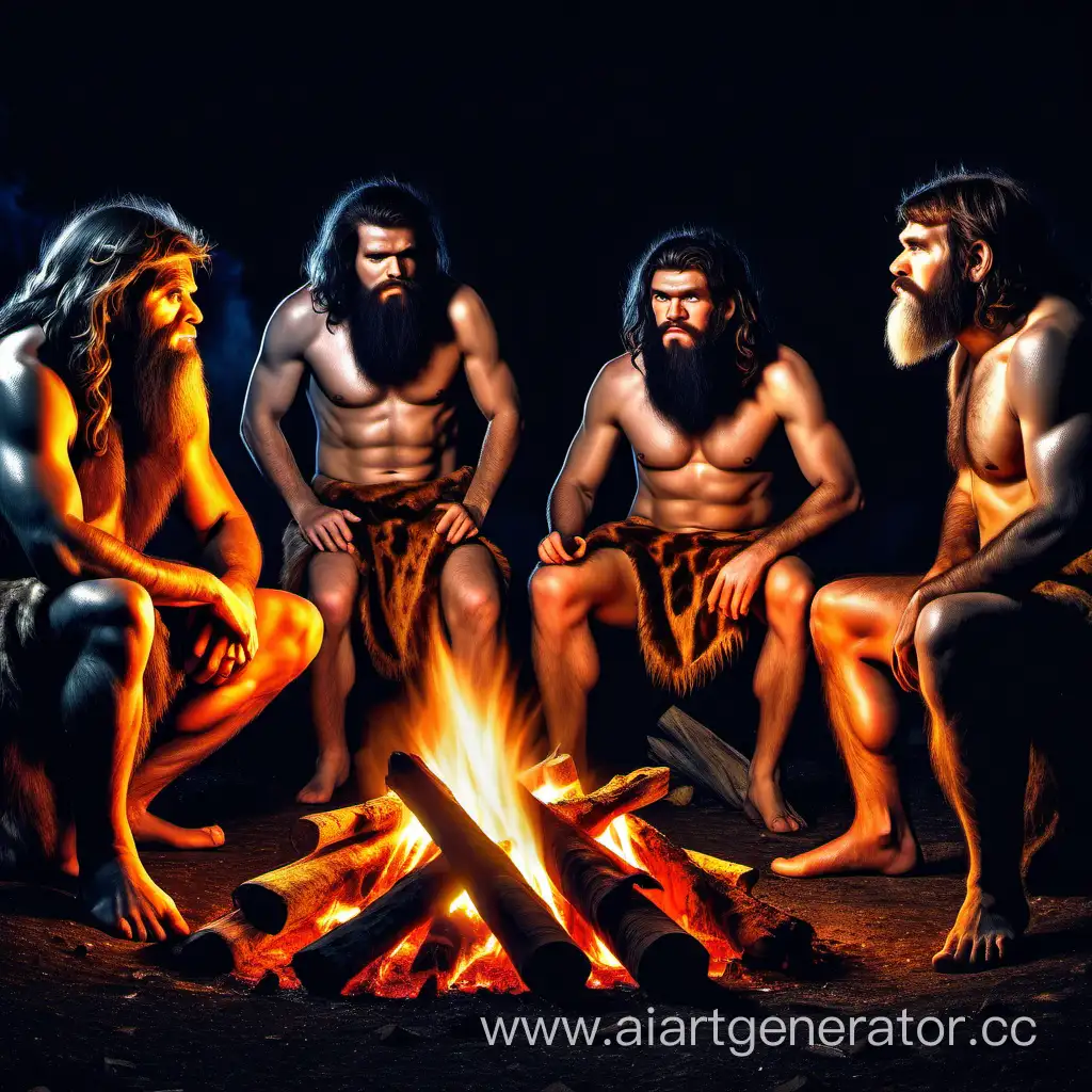 4 Cavemen around bonfire 