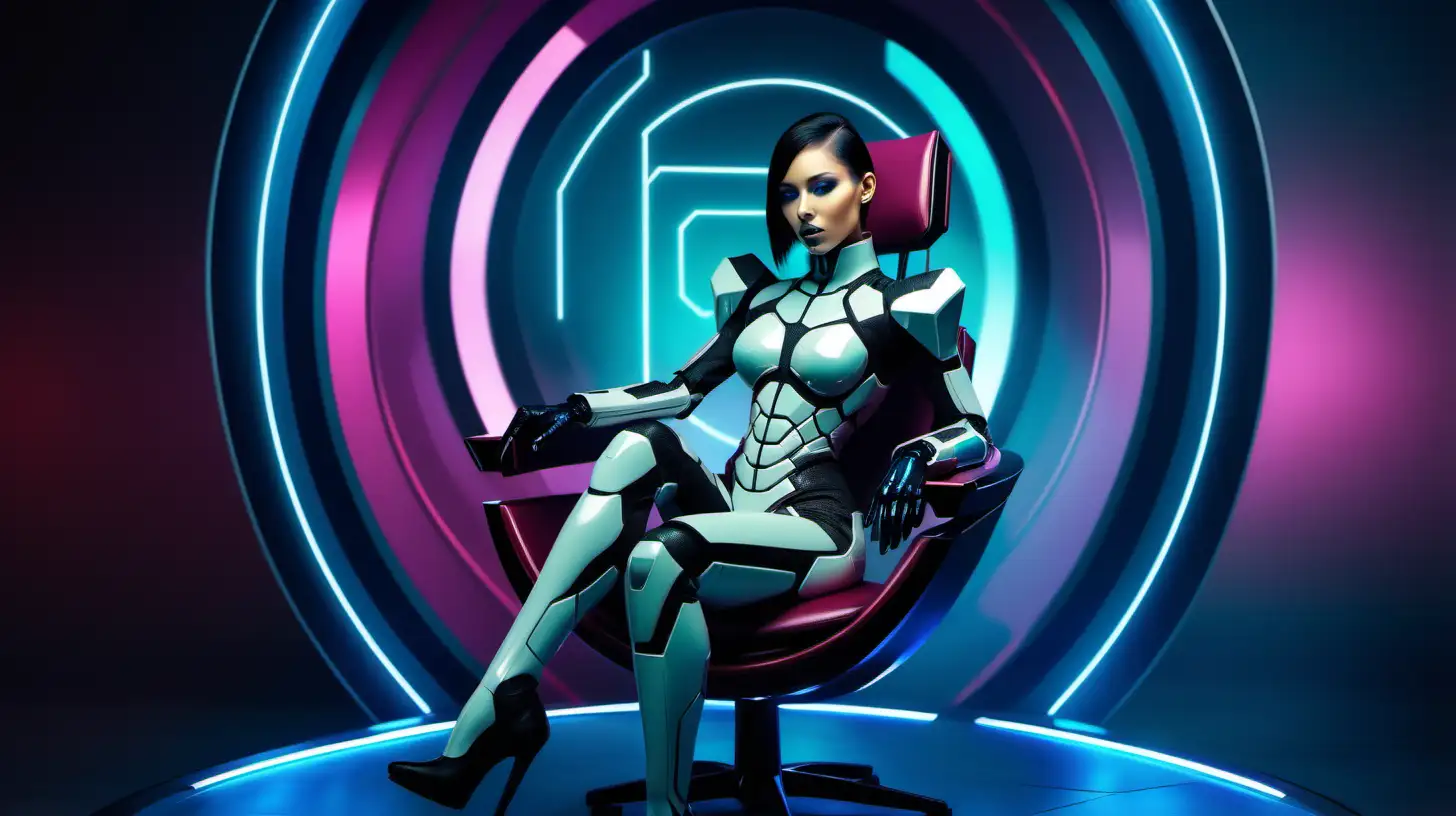 Hot adn beuatiful and sexy futuristic android girl using this colors Hex:8500FF hex:CFA6FF and hex : 58A5FE sitting in a chair like podcast with a futuristic set background