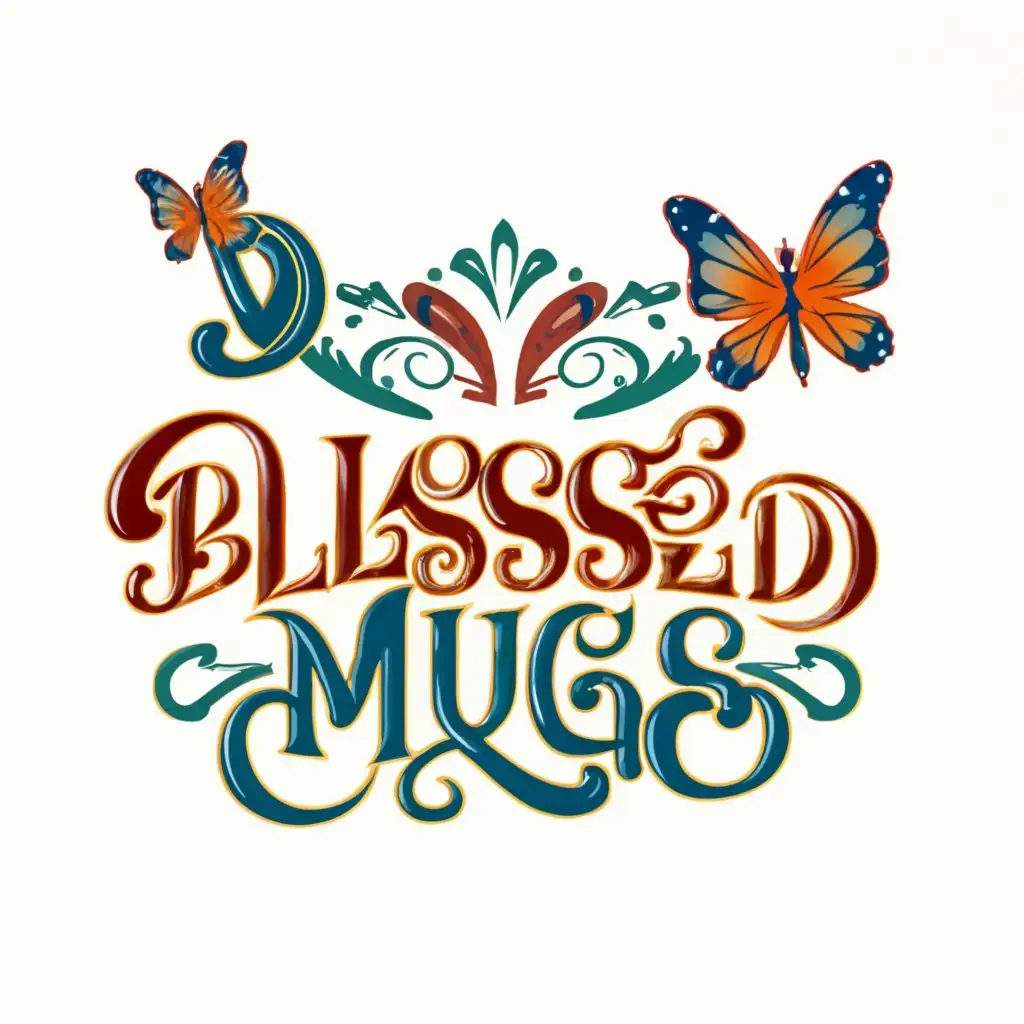 a logo design,with the text "blessed mugs", main symbol:bold letter VIRBANT COLORS  crosses  mugs butterflys,Moderate,clear background