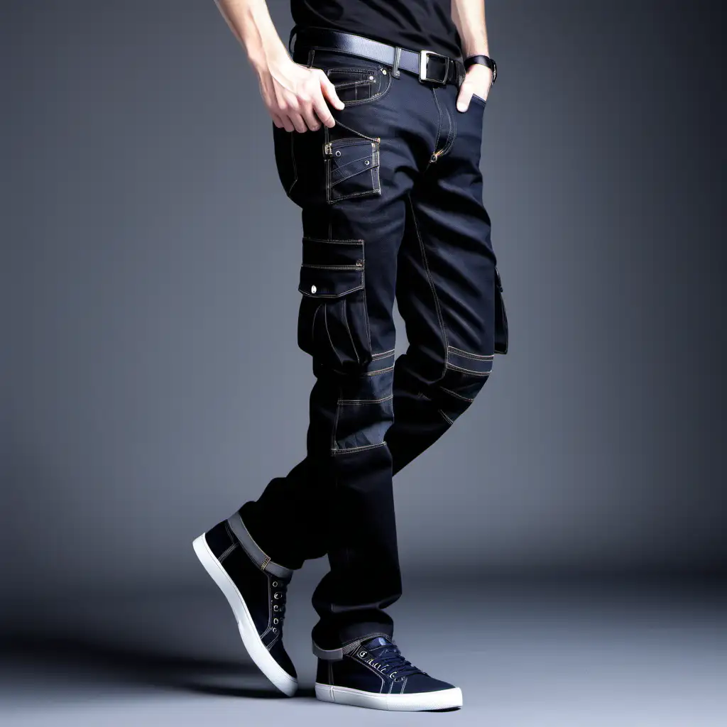 Straight leg casual fit men's jeans with cargo pockets, catwalk, runway, straight stance black polo t shirt, straight legs, loose fit, dark denim color black sneaker, model, fashion design, technical work men 