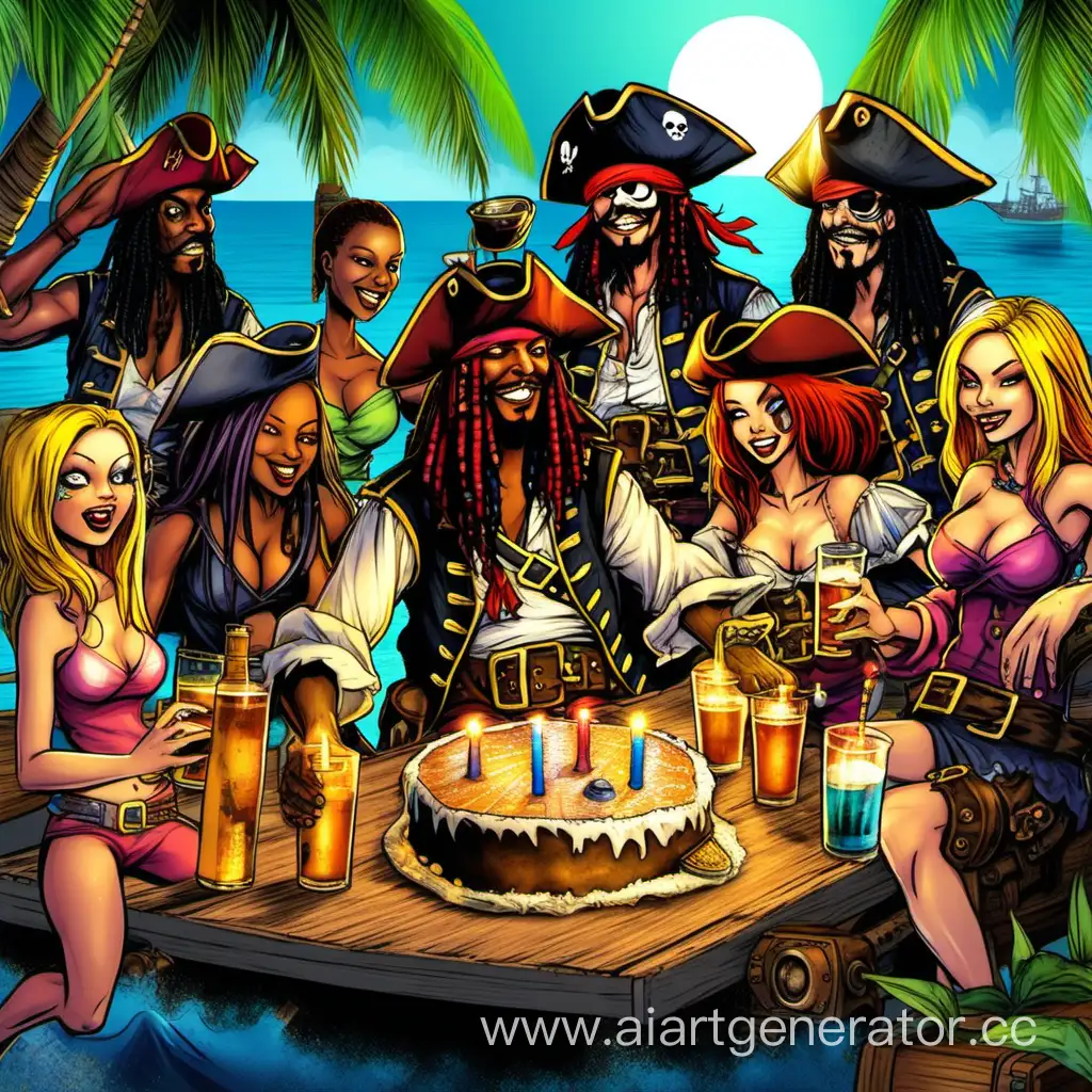 Пират Алохо празднует день рожденья с пиратом Нимбом, пиратом Кошмаром, пираткой Никой, и другими друзьями. Все пьют ром