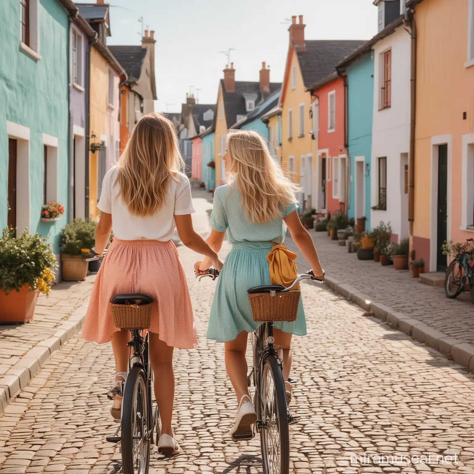 Blonde OmbreHaired Girls Enjoying Bicycle Ride Through Colorful Village Street