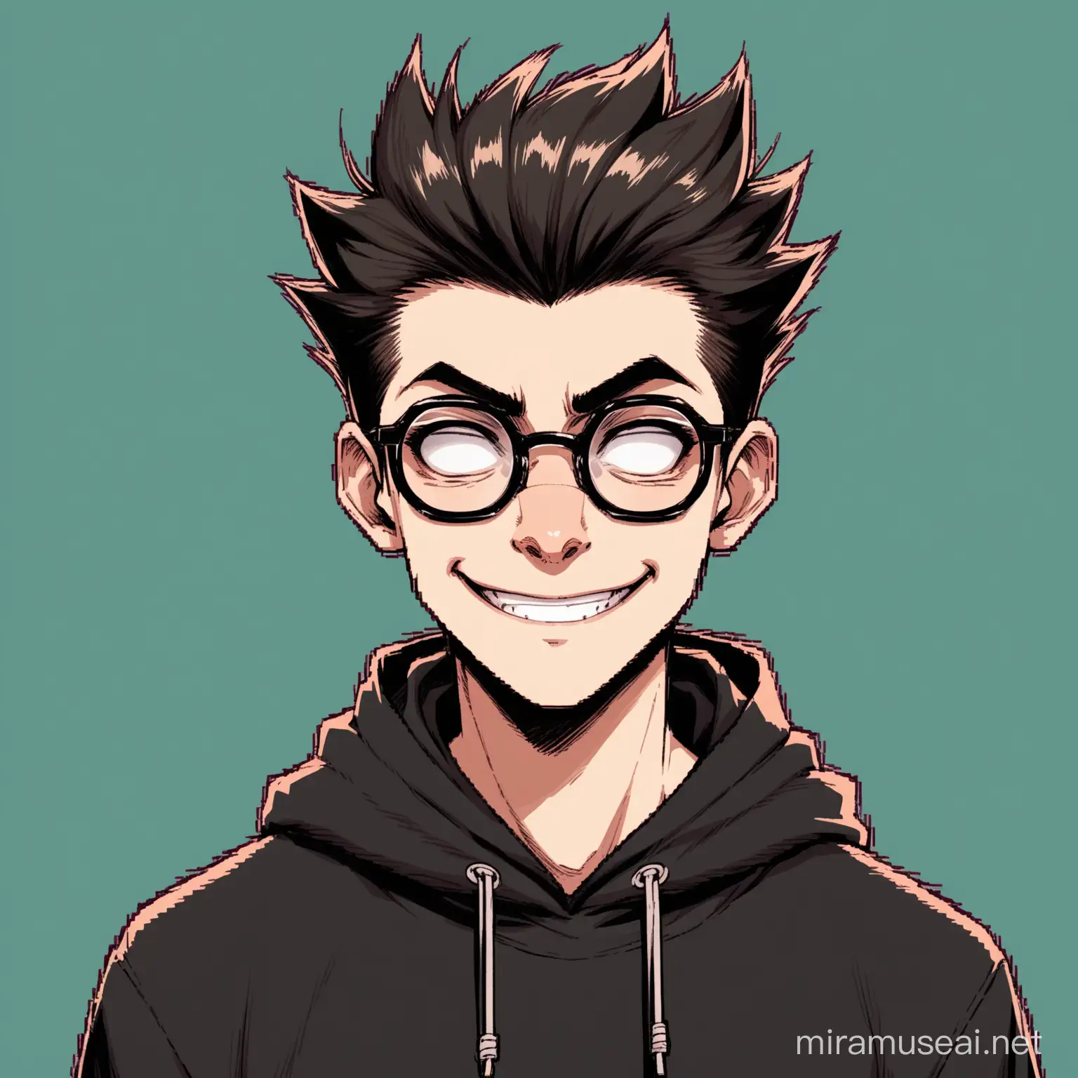 cool,hacker,black hoodie,quiff hairs,aesthetic,glasses,big nose,small mouth,handosme,oblong face shape,psycho smile

