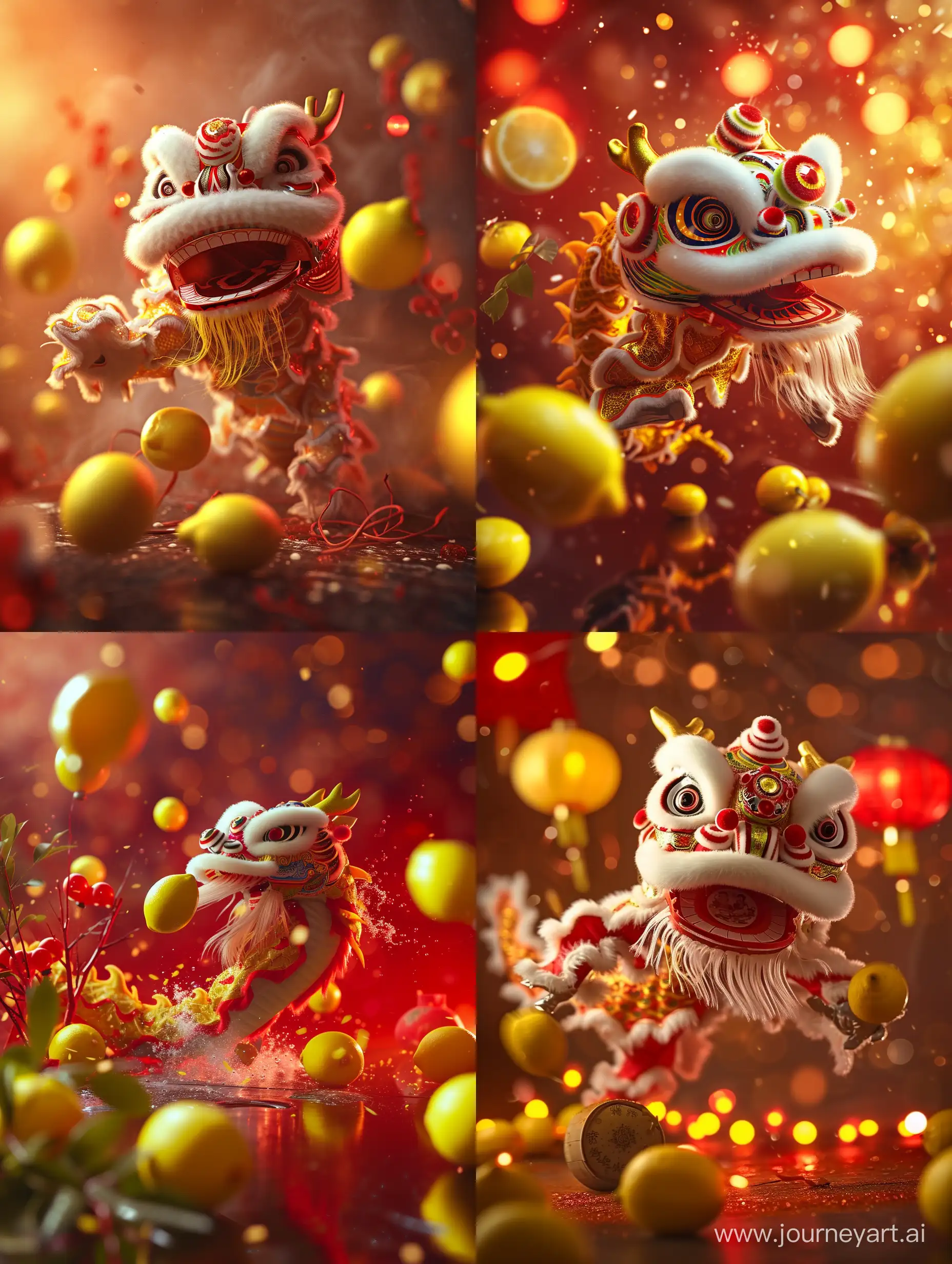 ultra realistic, chinese new year dragon dance. is jumping there are some lemons. lemon light red and yellow lights. canon eos-id x mark iii dslr --v 6.0