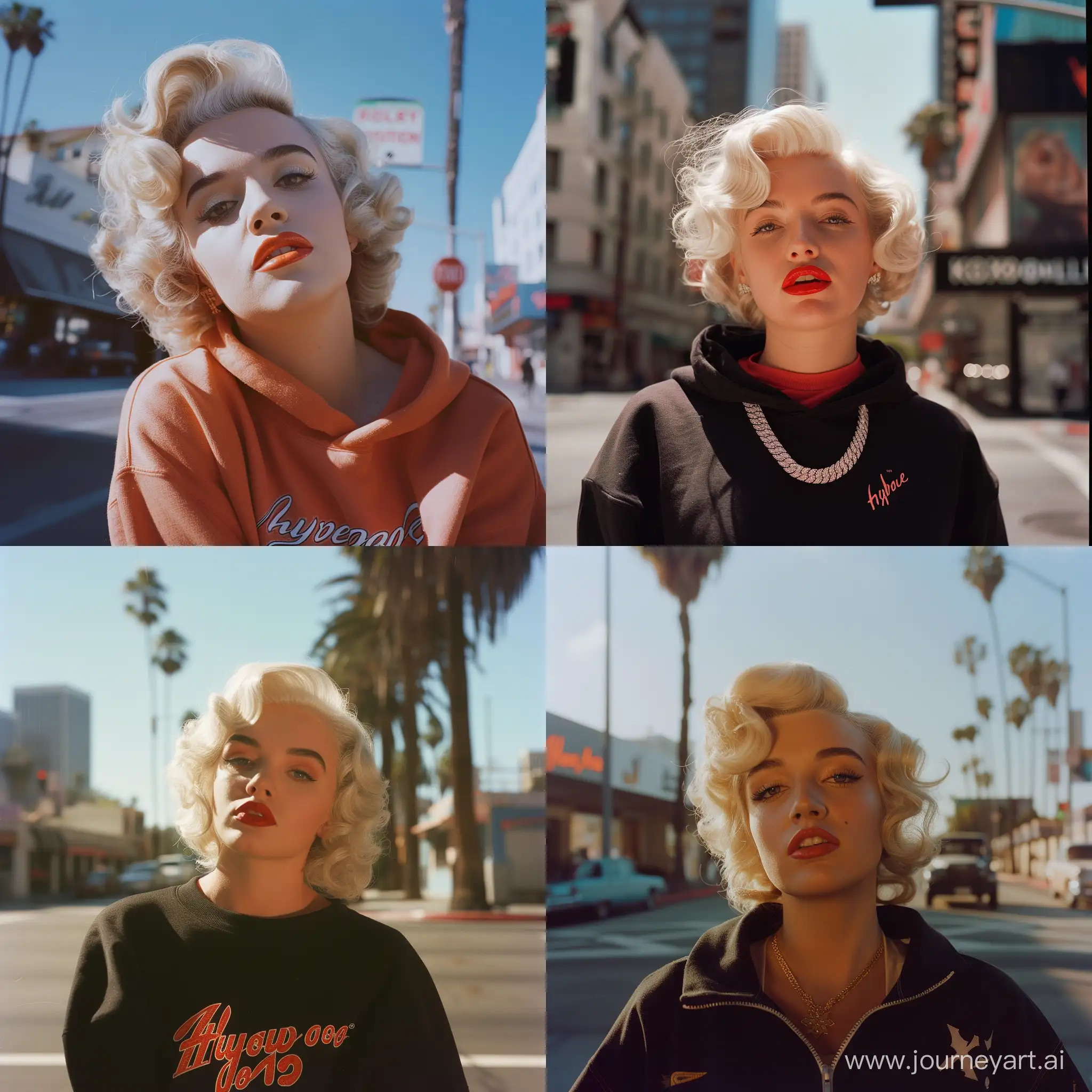 Realistic Street style photo of Marilyn Monroe on the Streets of Los Angeles wearing Hypebeast style clothes, looking straight in to the camera, shot on Kodak Gold 200, natural lighting, 4k, fine grain 