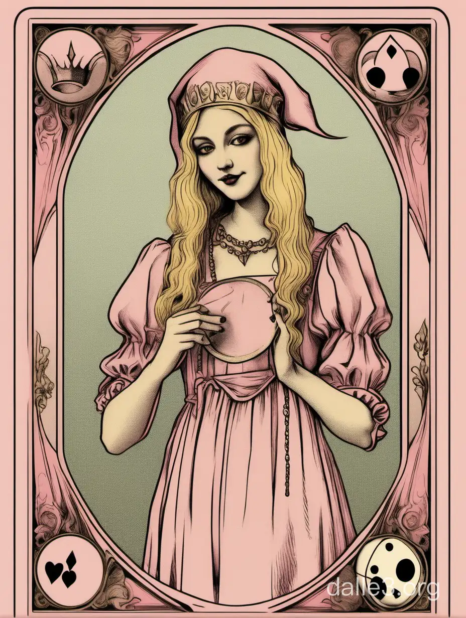 tarot card, antique style, drawing of a blonde girl jester, long hair, pale pink clothes.