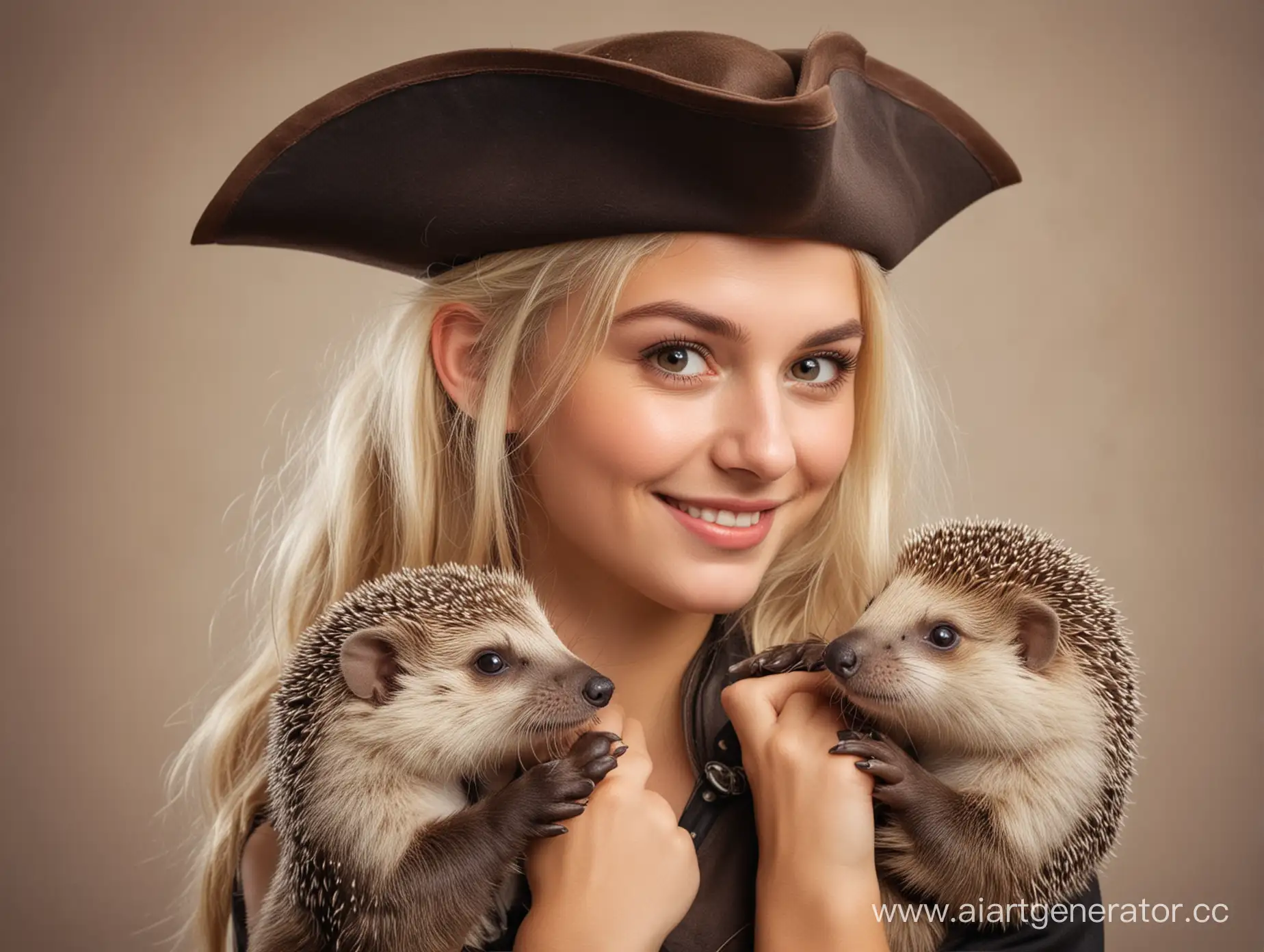 красивая девушка-блондинка, в руках милая выдра, на плече ёжик в маленькой пиратской шляпе