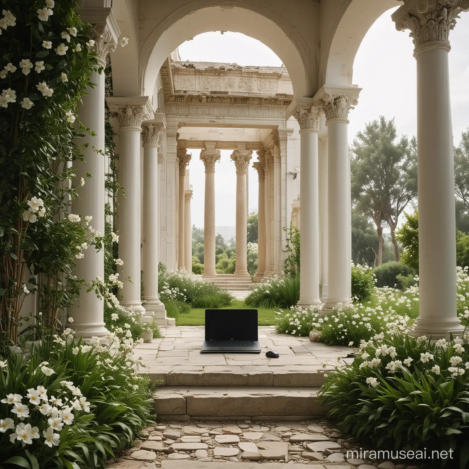  a laptop placed on top of a stone pedestal amidst green plants. The laptop WHITE screen and below it is an image of what appears to be a classical building with columns. A large stone is visible to the left of the pedestal, and white flowers are growing beside it sh. In the background, there’s part of a white column and a flowing white curtain that is slightly transparent, allowing some light to pass through. 4K high resolution 4K scene, captured as if by a NIKON D850  for impeccable sharpness
