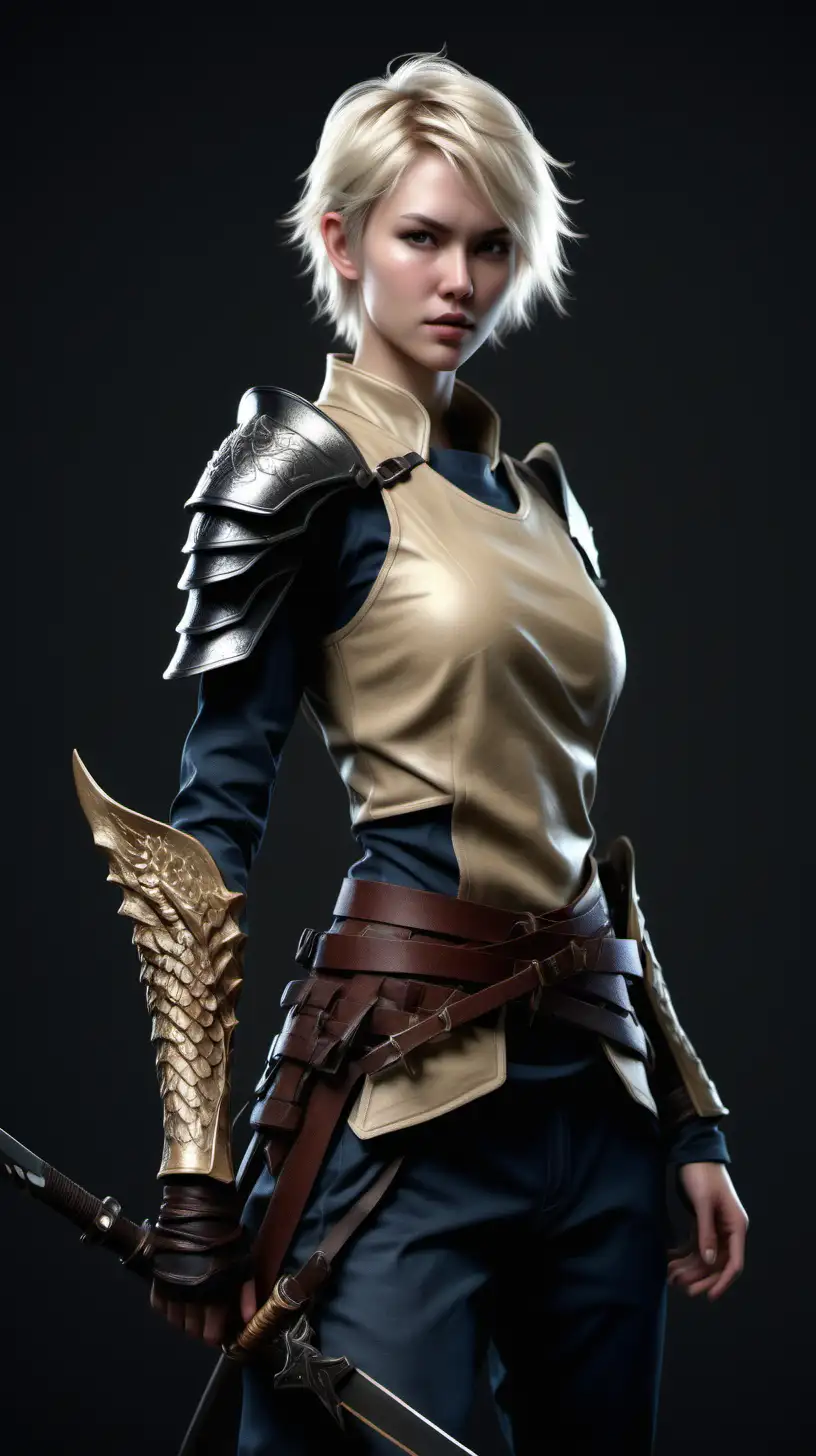 Photo realistic female nordic pretty young tall androgyn, fit, short messy blonde hair, half-dragon ronin
