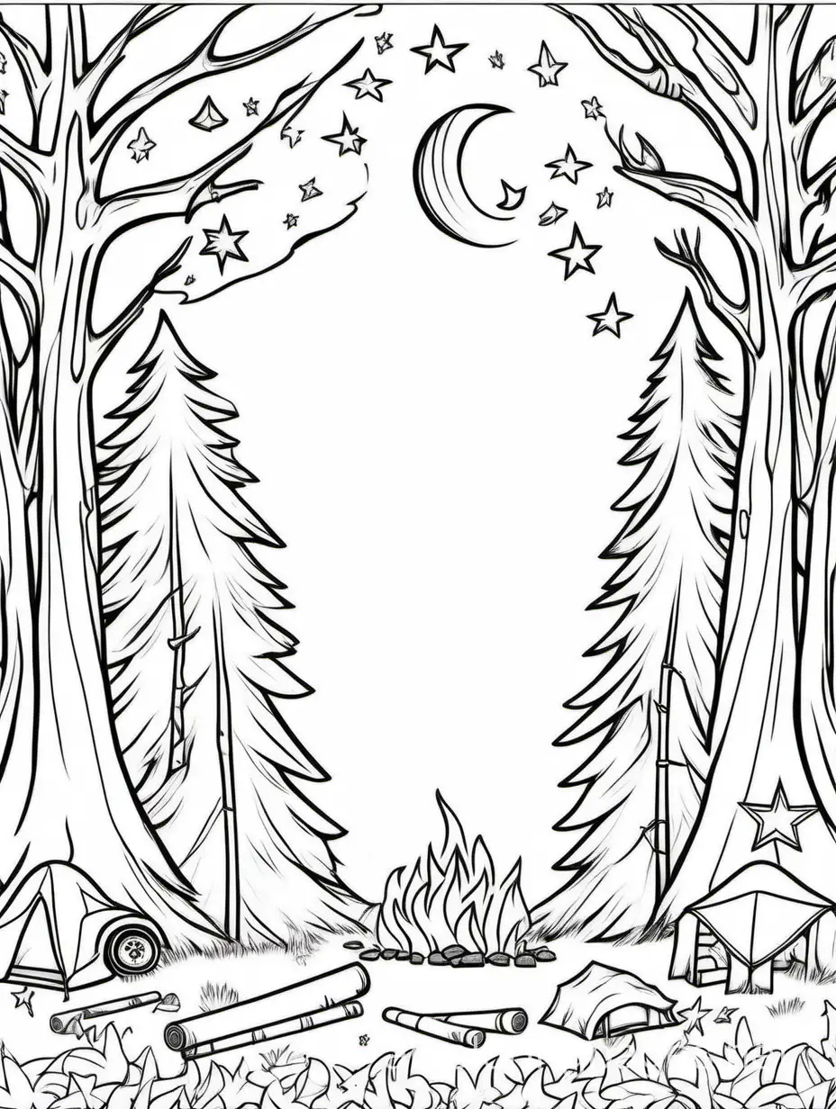 """
camping themed decorative border, with trees curving up around the sides,  stars at the top, campfire at the bottom. Leave a lot of white space in the center to add lettering, Coloring Page, black and white, line art, white background, Simplicity, Ample White Space. The background of the coloring page is plain white to make it easy for young children to color within the lines. The outlines of all the subjects are easy to distinguish, making it simple for kids to color without too much difficulty
"""