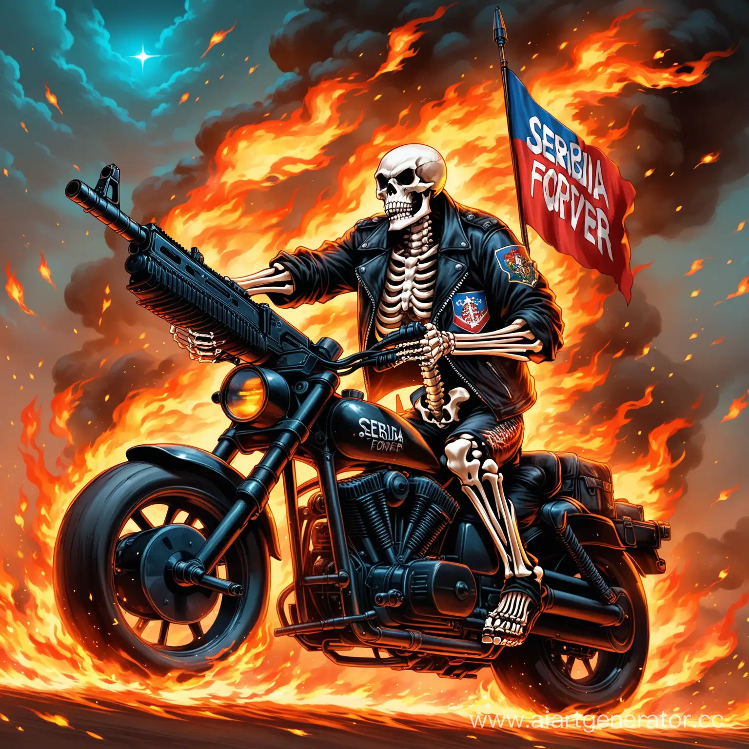 badass angry biker skeleton holding an assault rifle while sitting on a burning motorcycle with an inscription SERBIA FOREVER in the sky