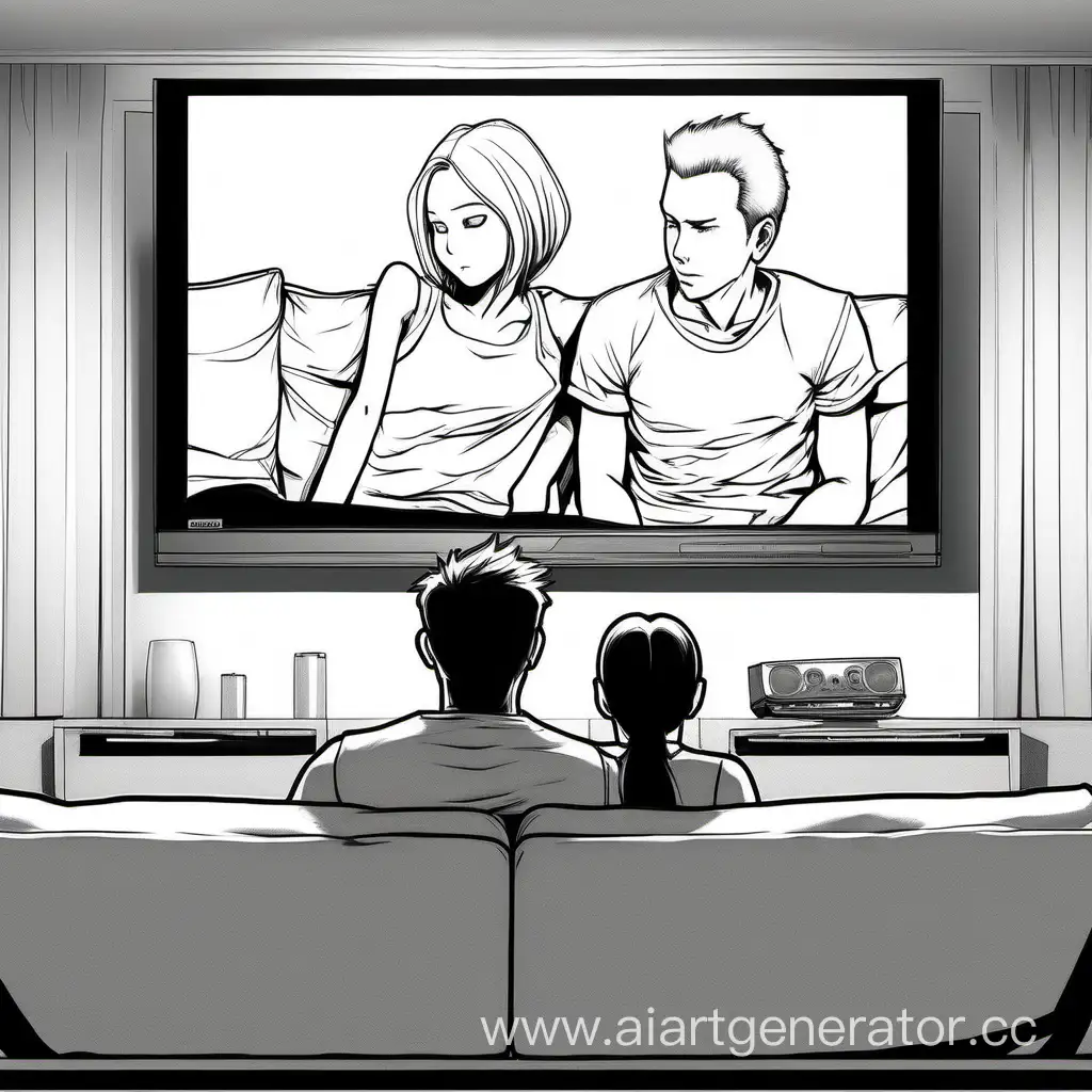 This is a reference for drawing in manga style, with realistic proportions. It shows a guy and a girl watching a movie on a plasma TV. The figure shows only the outline of the figure. There are no clothes, no hair, no eyes in the drawing, just blanks in the form of a pose