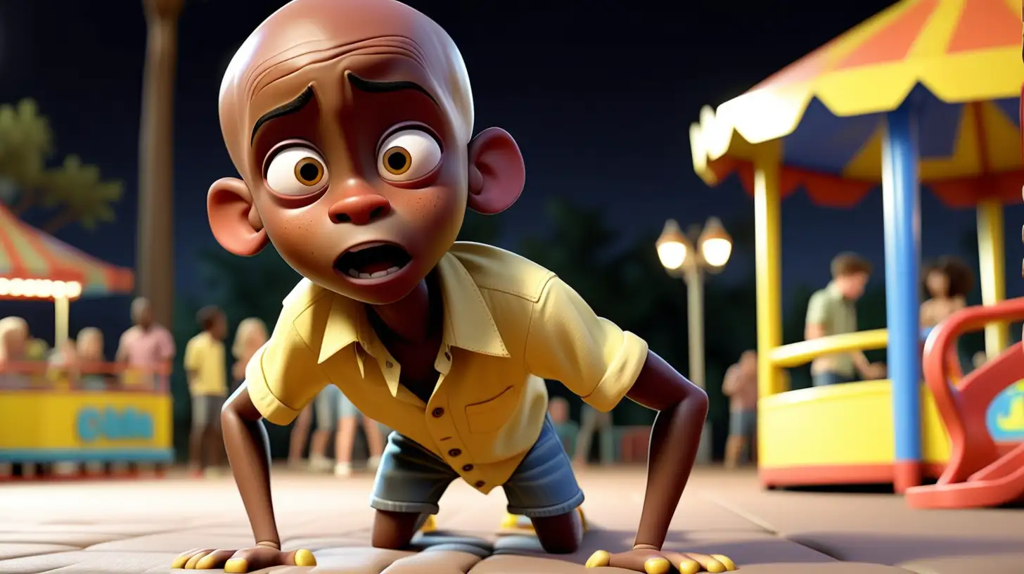 pixar style African boy, brown skin bald, yellow button up shirt, jean shorts ,flip flops,  fell on the ground looking like he is doing a push up hurt expression, at night at amusement park