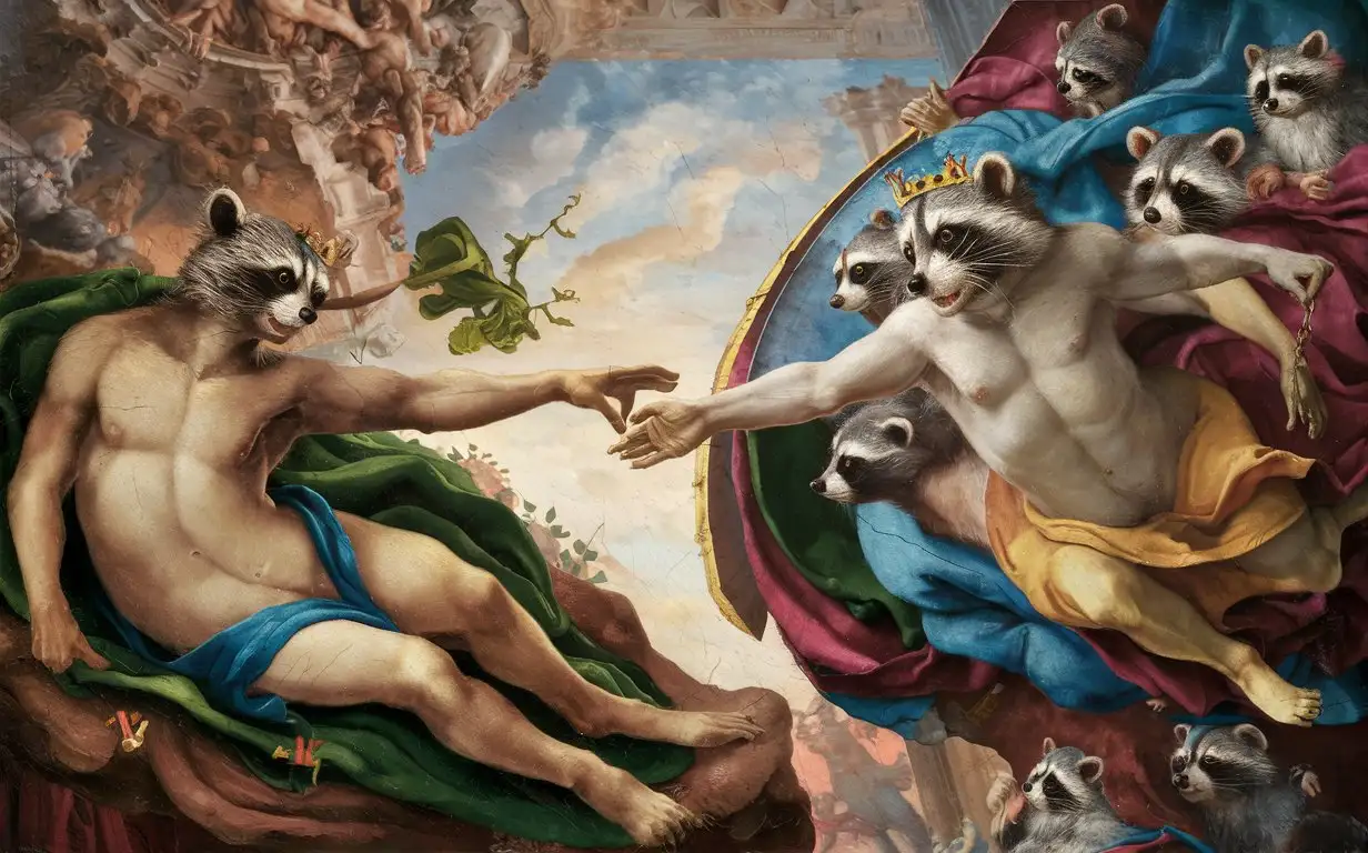 recreate Michelangelo's painting the creation of Adam where raccoons will be instead of people