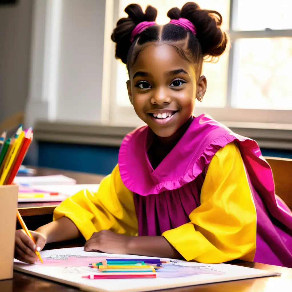 Young Black Girl Creating Artwork at Cluttered Wooden Desk with Crayons and Books