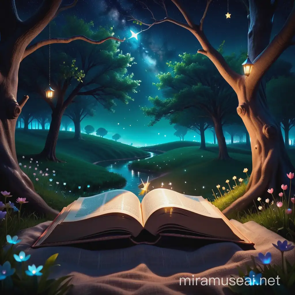 Magical Book in Enchanted World Under Starry Night Sky
