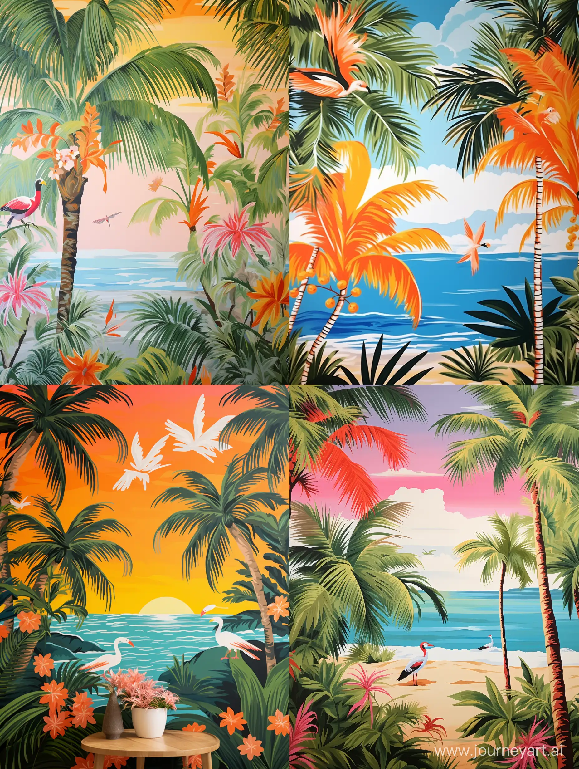 vibrant wallpaper with palms and happy seagulls on a beach on a sunny day