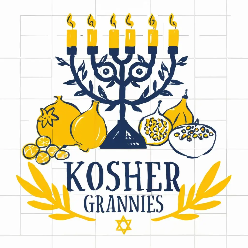 logo, Israel, yellow, blue, white, Menorah 7 branches, Paul Klee, pomegranate, fig, lemon, olive, star of David, on tablecloth, divided on kitchen tiles, with the text "Kosher Grannies", typography, be used in the automotive industry