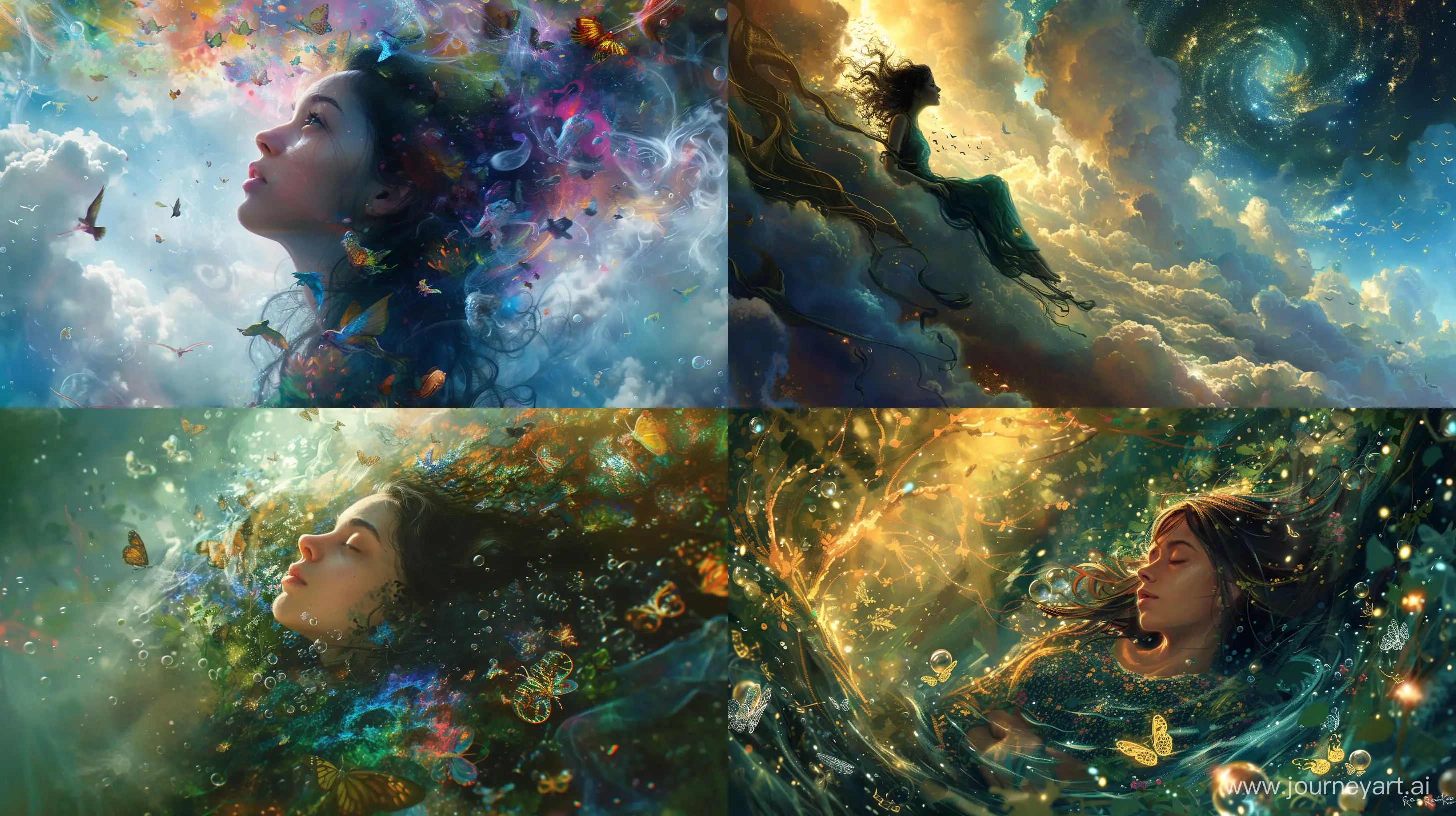 Dreamy Vision background a woman immersed in a dream, where reality blends with fantasy. A unique journey through the realm of dreams, where imagination flourishes, Masterpiece by Greg Rutkowski, trending on artstation --ar 16:9