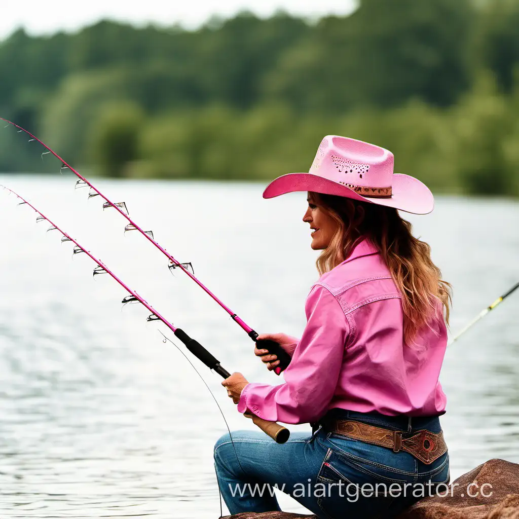 женщина в ковбойской шляпе рыбачит розовой удочкой