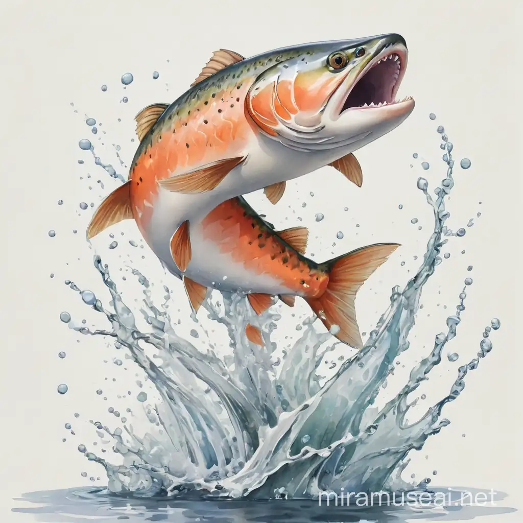 Salmon Fish Jumping from Water Colorful Watercolor Illustration with Childrens Book Style on White Background
