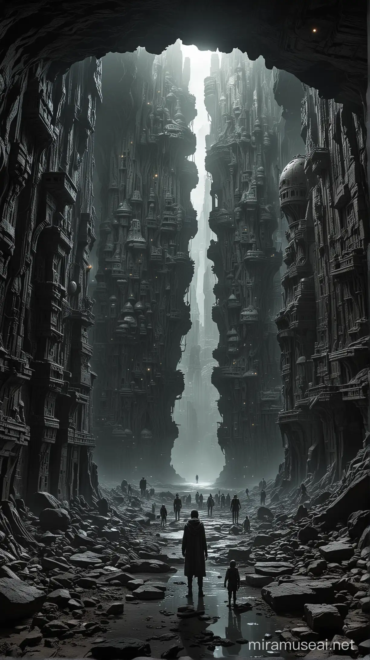 A dark and cavernous underground city, bustling with strange, humanoid figures.  In the foreground, a human stands in awe, dwarfed by the alien architecture