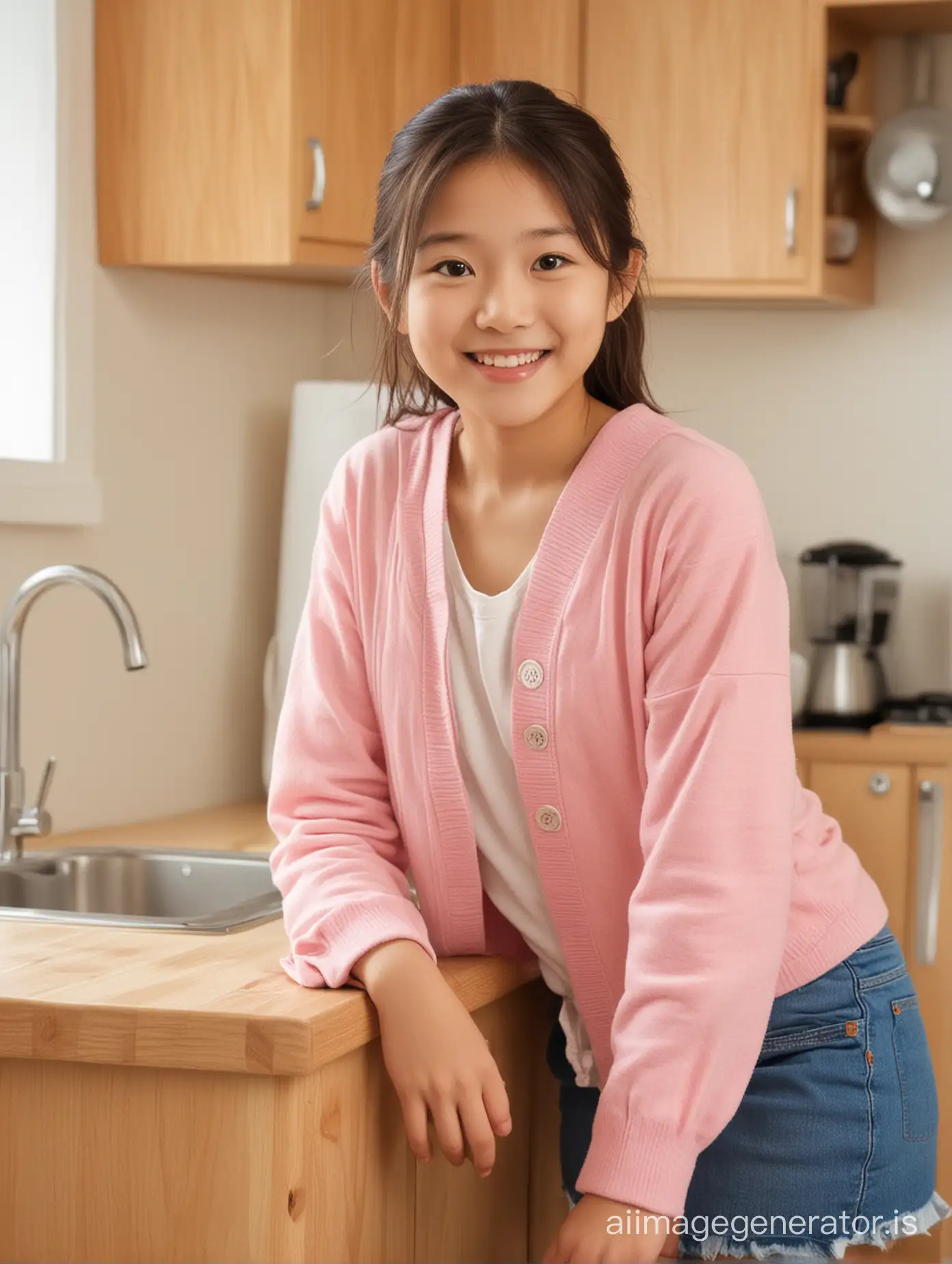 happy japanese girl, 12 years old, kitchen