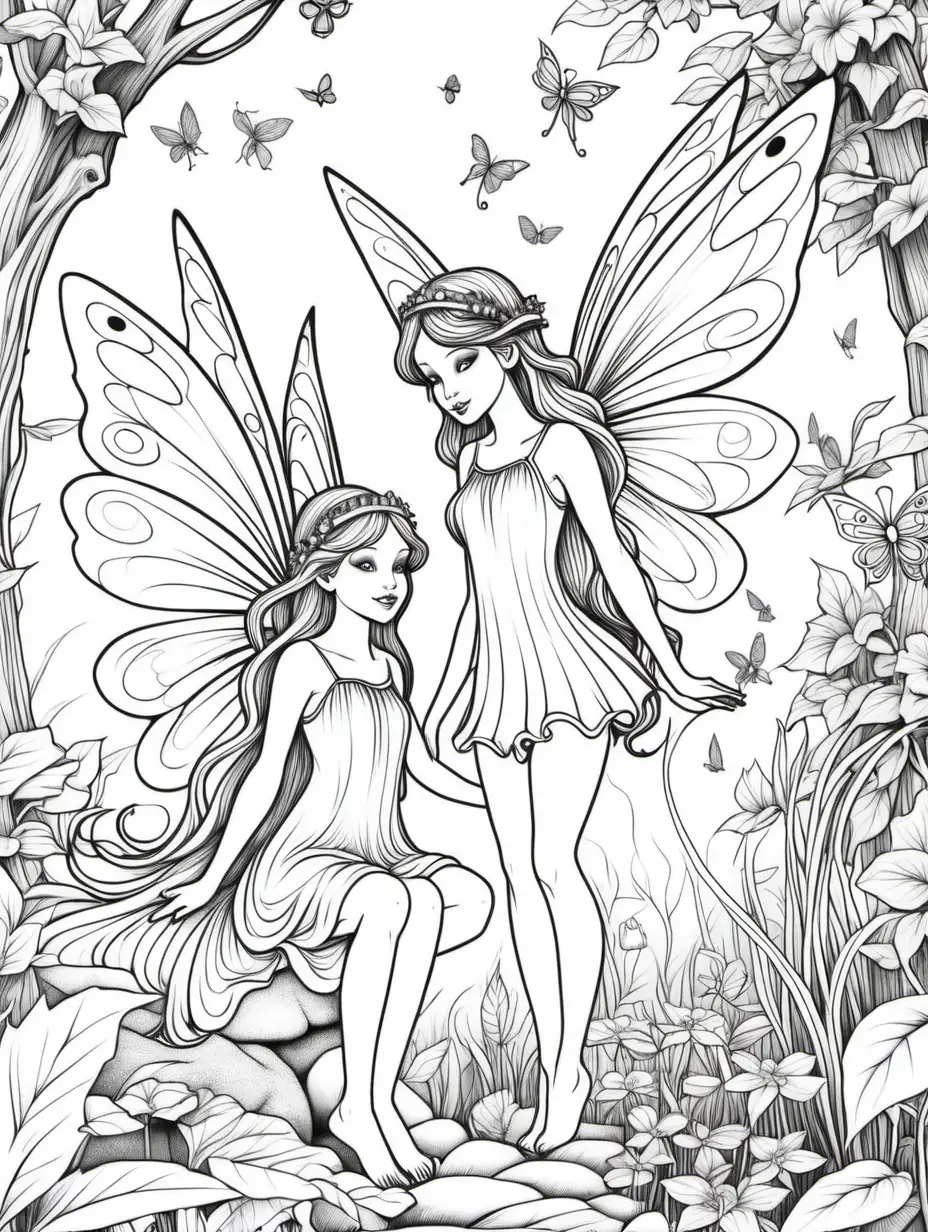 coloring page, fairies, thick lines, low detail, no shading, 