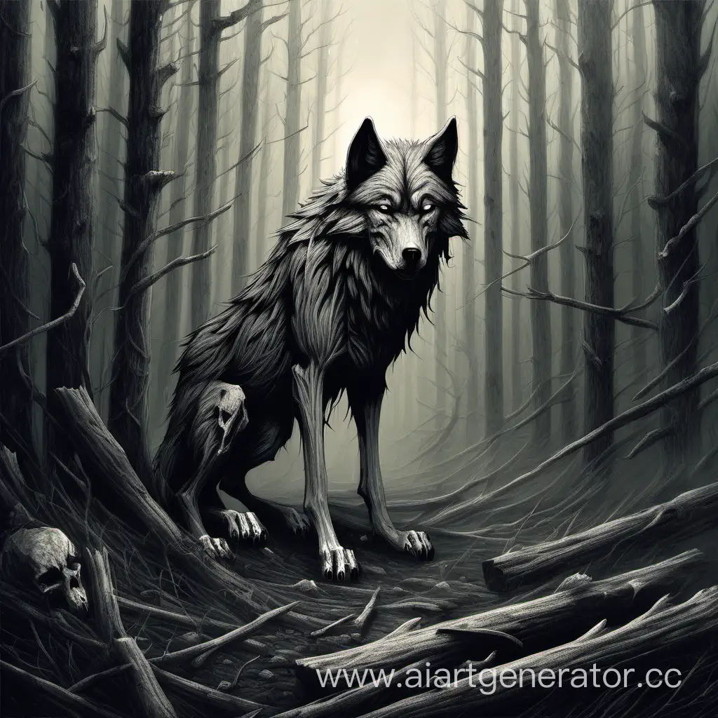 грустный арт, мертвый волк,лес