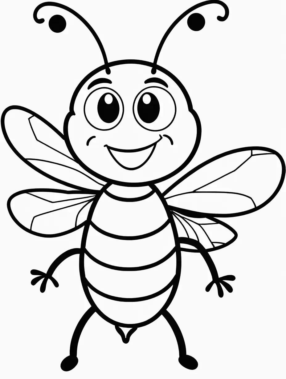 Very easy coloring page for 3 years old toddler. Cartoon smile bee. Without shadows. Thick black outline, without colors and big  details. White background.