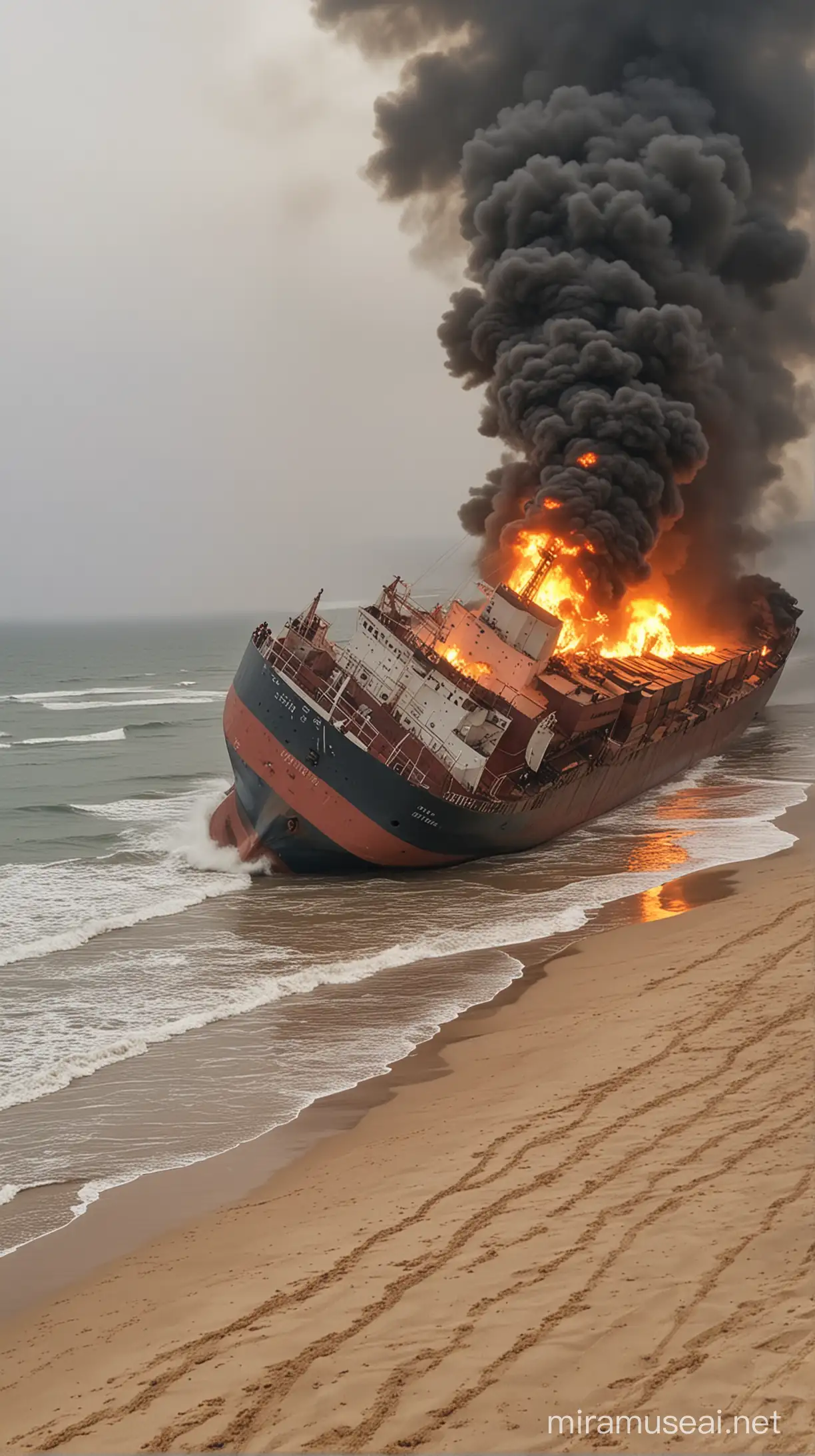 cargo ship stranded on the beach,burn,seen was many people