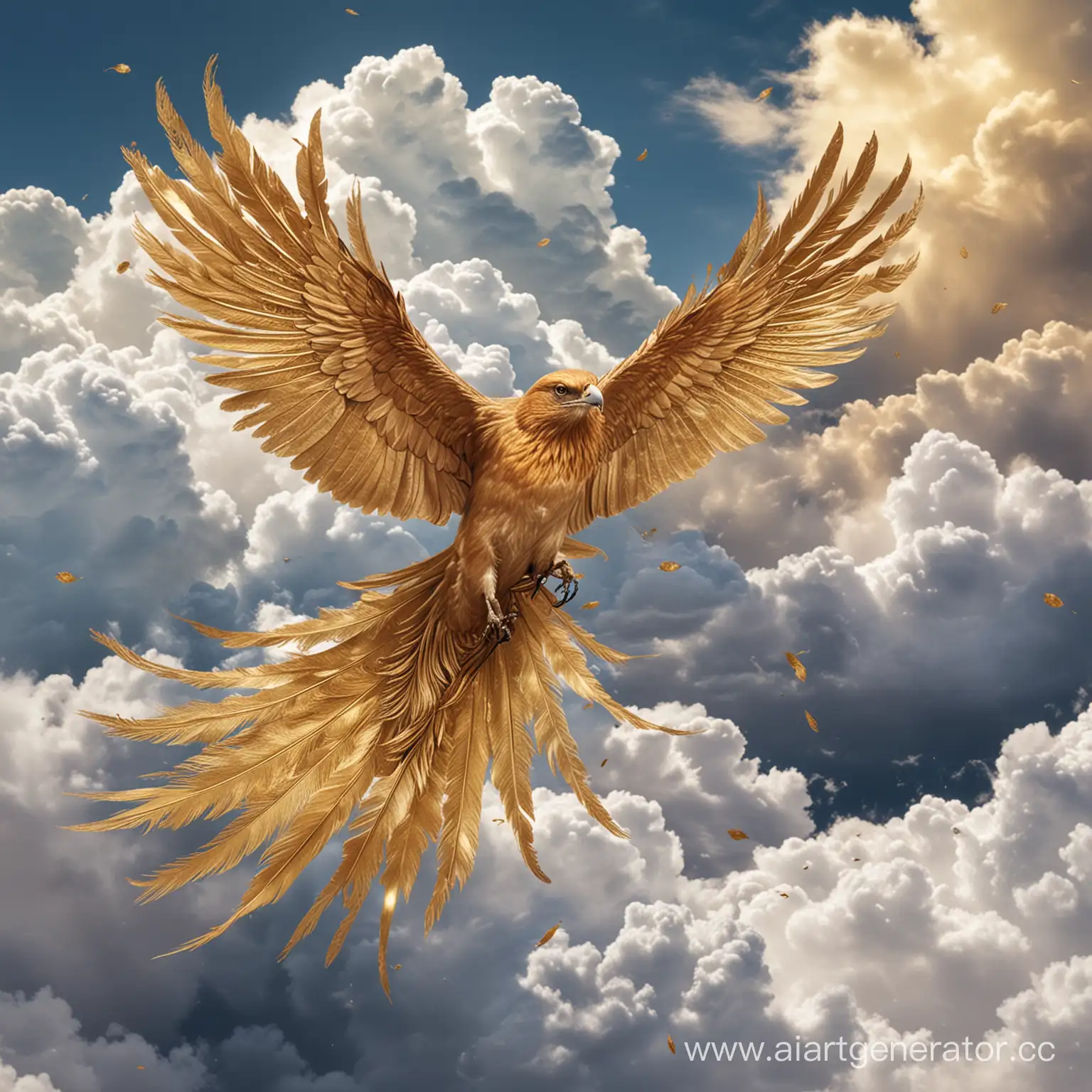 Golden-Feathered-Birds-Soaring-Through-Cloudy-Skies