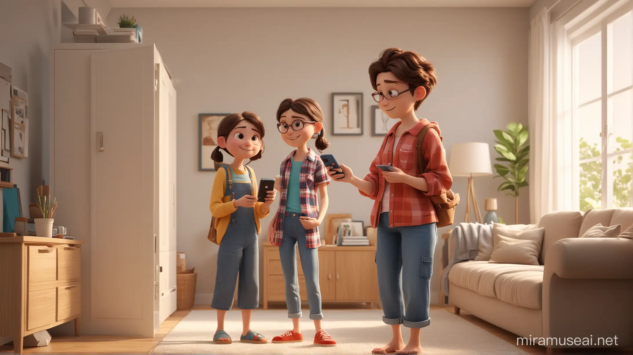  A 3D student character in home clothes handing over a mobile phone to his mother Cinematic and Pixar