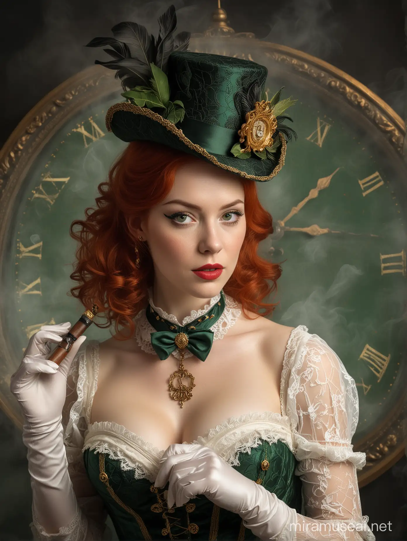 A beautiful white woman with pale skin, with red hair, in a small vintage hat, in a lace white and gold corset and silk green lacing, gloves, holding a smoking pipe in her hand, smoke around, the golden pattern of the clock face on a dark background, realism, clarity and contrast, high-quality rendering of the image and various details, noir.