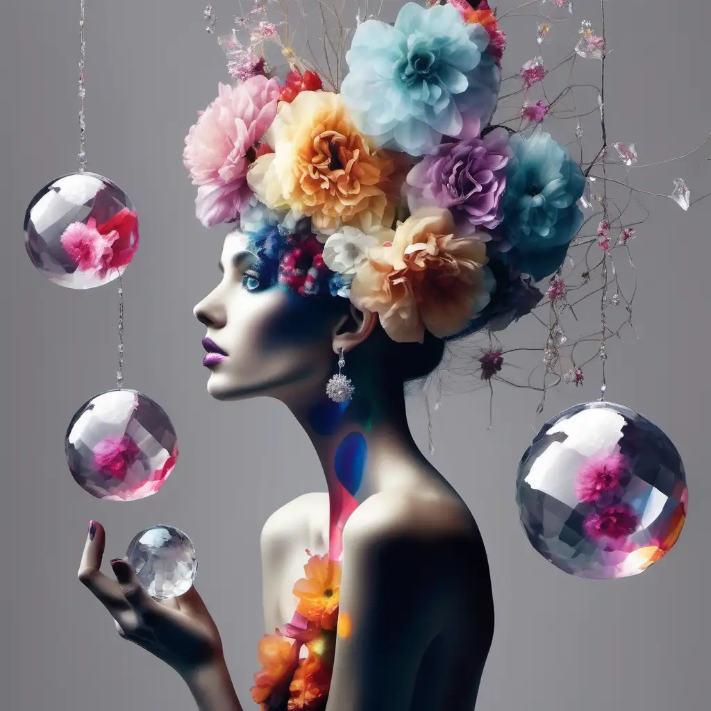 slender real fashion model in abstract image. place 3 crystal orbs just like image. flowers in her hair