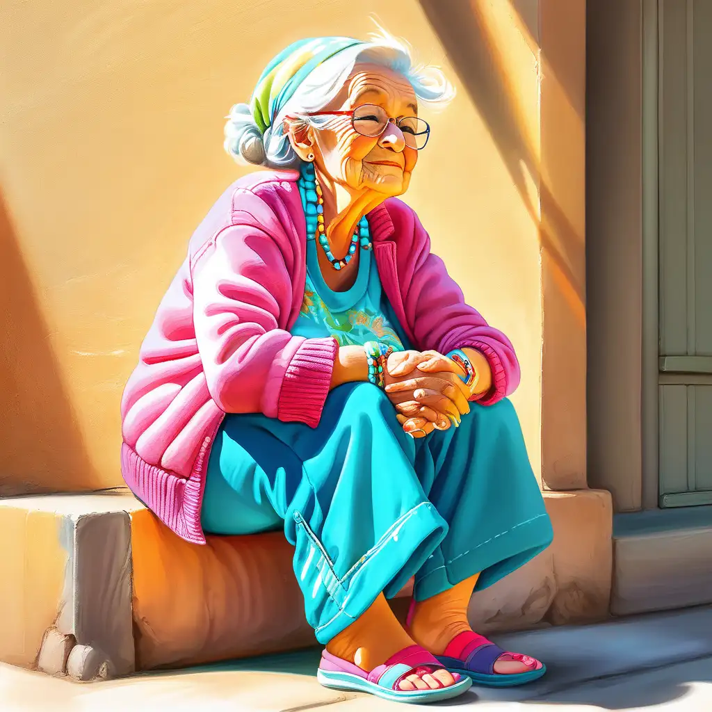 beautiful old lady sitting in sun with her face warmed by the sun. wearing brightly colored clothes.
