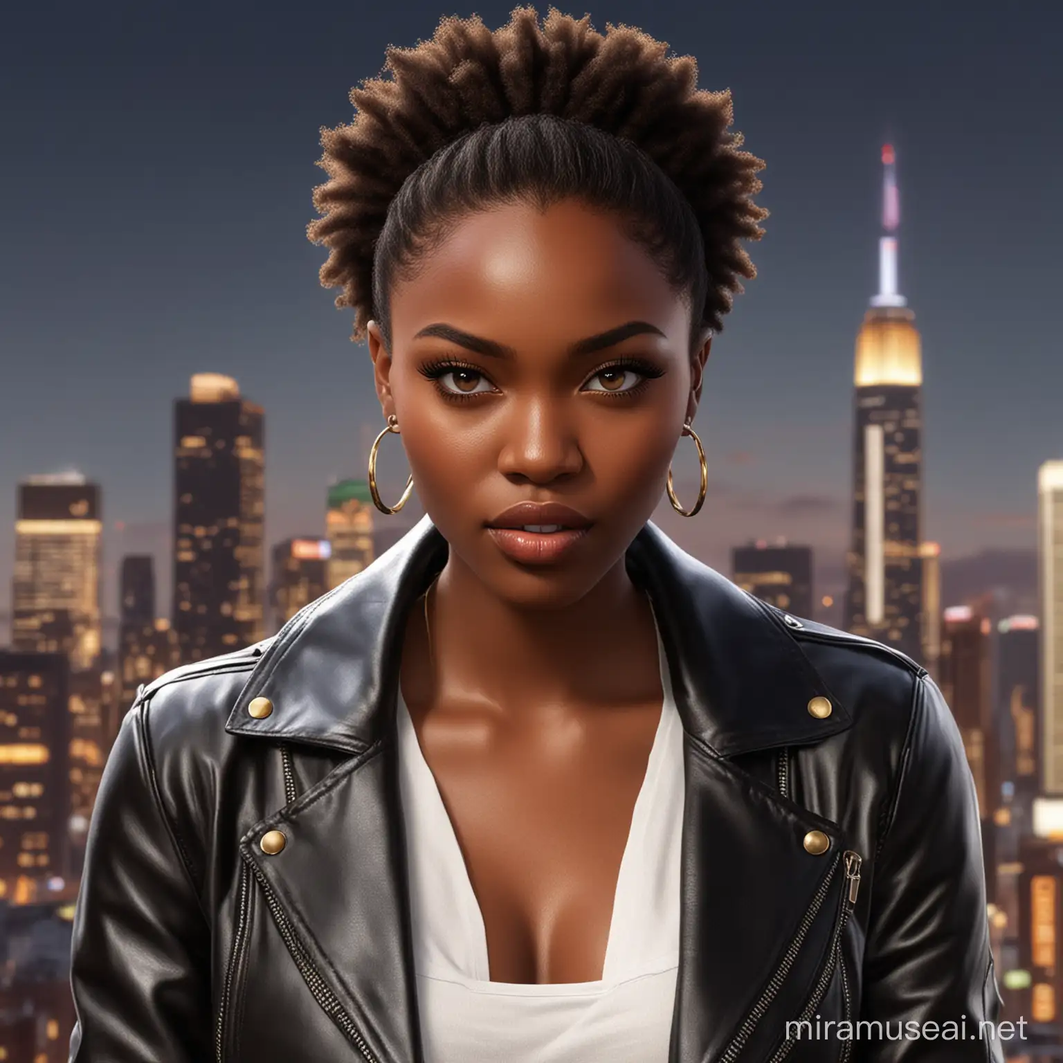 Create a hyper-realistic African woman, wearing a leather jacket, white top an go earnings. Give her long lashes, long nails with polish, gold hoop earnings against a backdrop of New Yor city lights.