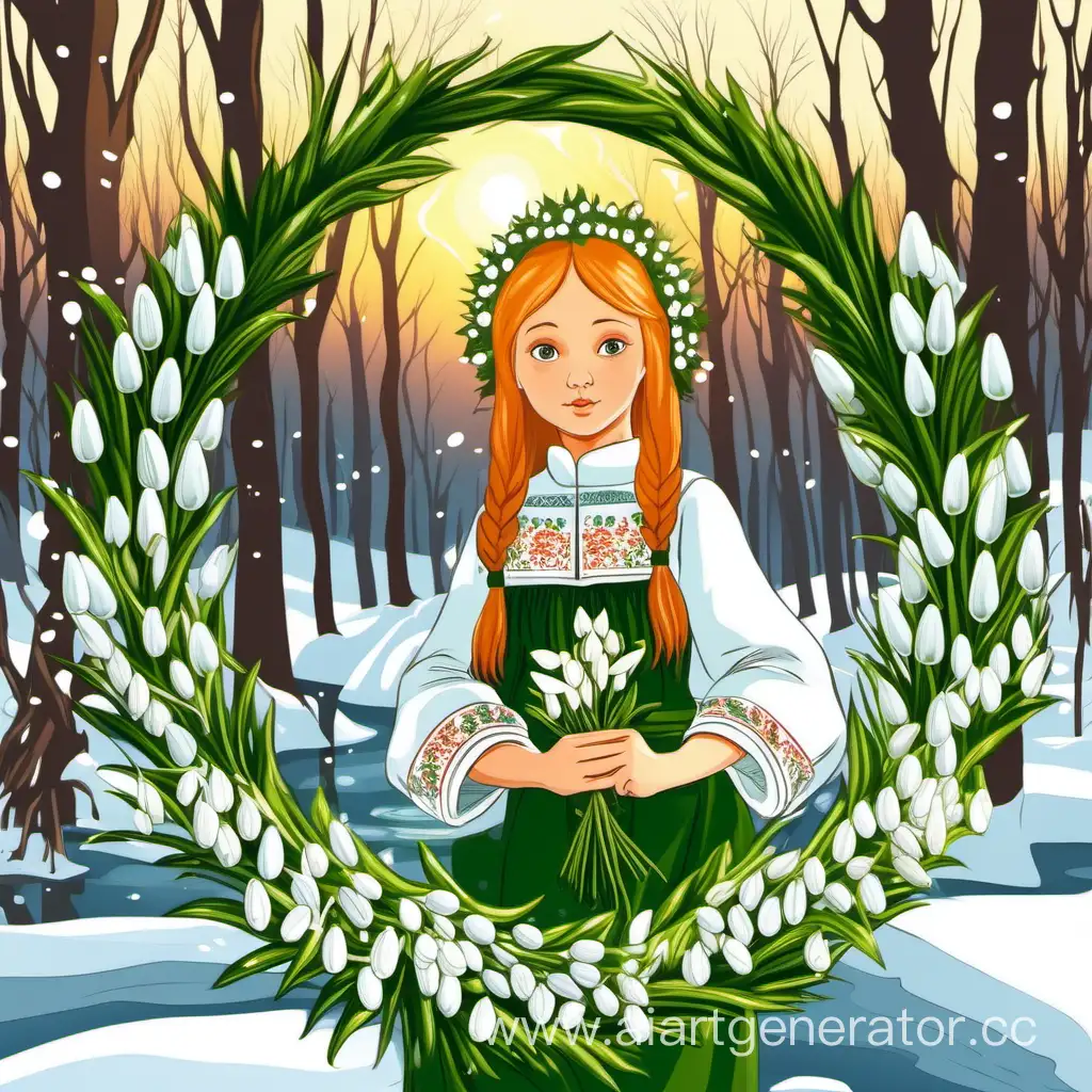 девочка- весна, русский народный сарафан венок из подснежников, солнце, талый снег ручеек