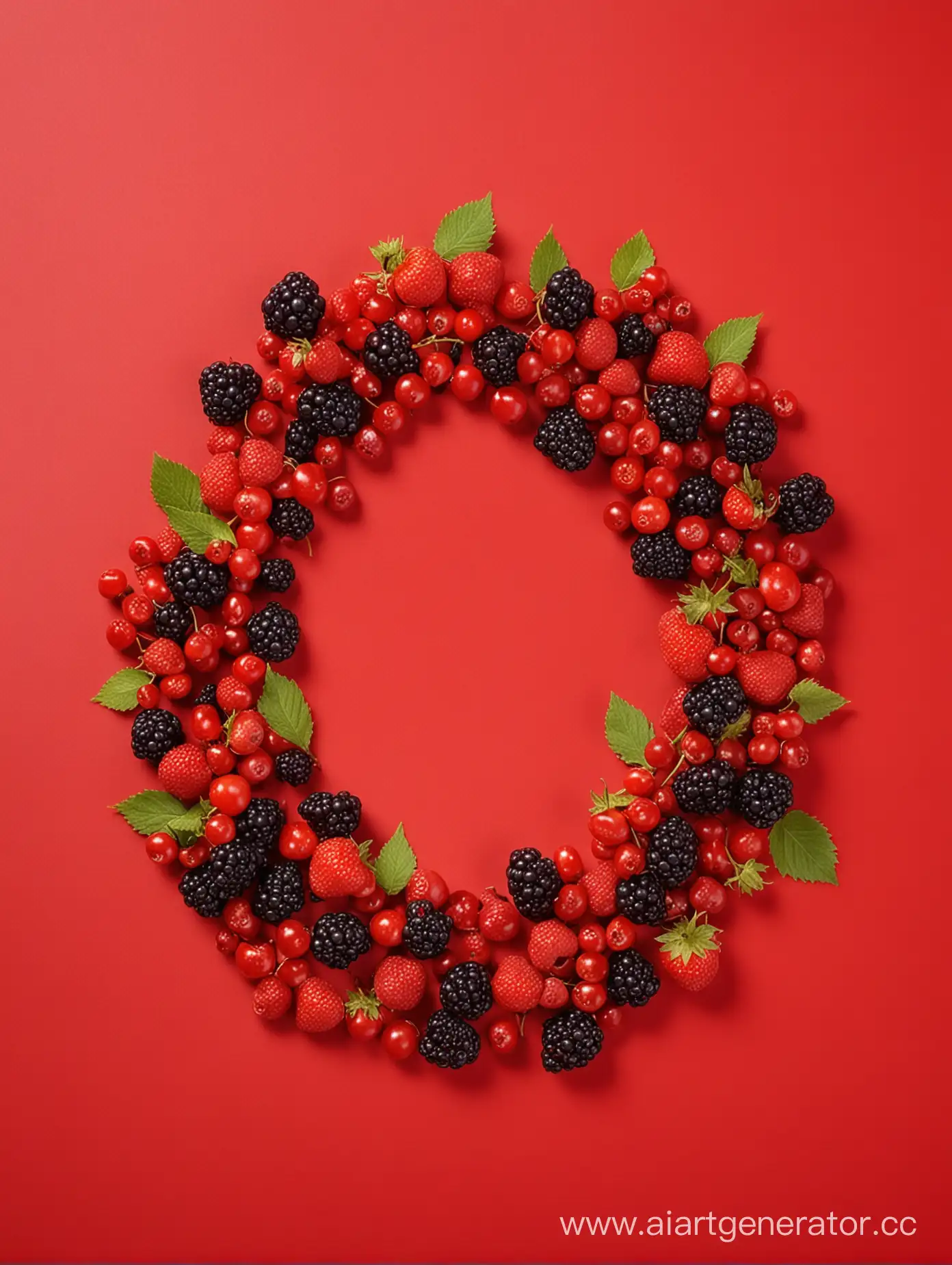 Circular-Arrangement-of-Vibrant-Berries-on-a-Scarlet-Background