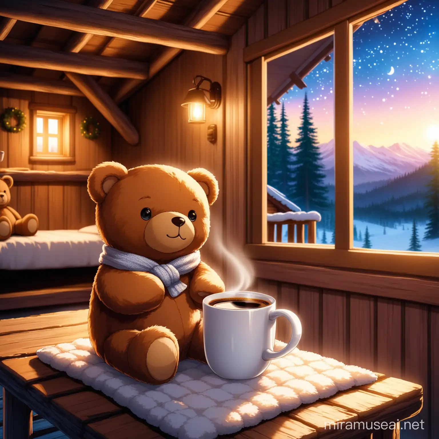 teddy bear drinking cup of coffee in white mug in a cozy enchanted cabin
