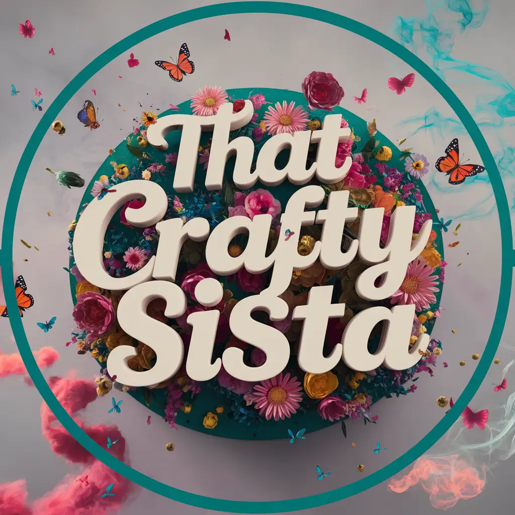 text "That Crafty Sista" on the background 3d with flowers and butterflies and colored smoke and teal in a circle.