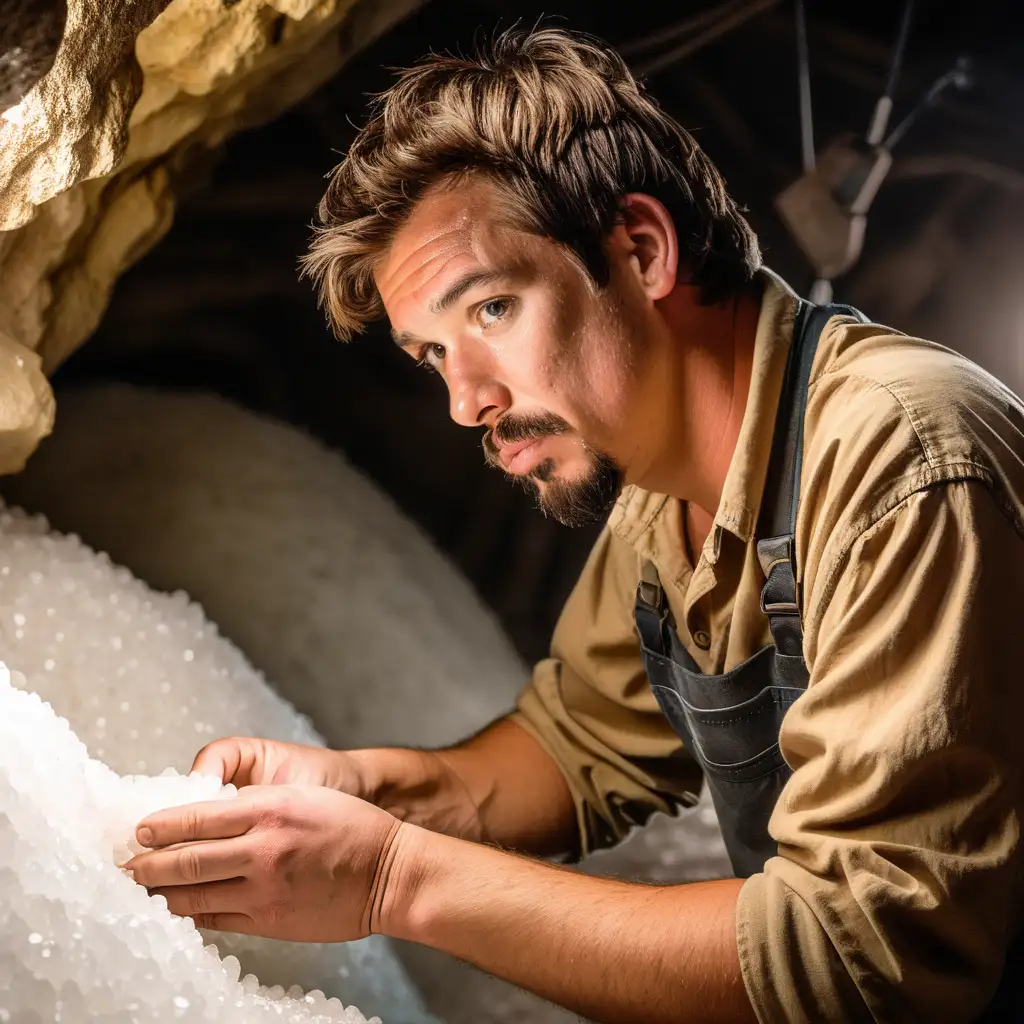 Man with short brown hair and a goatee, working in a salt mine