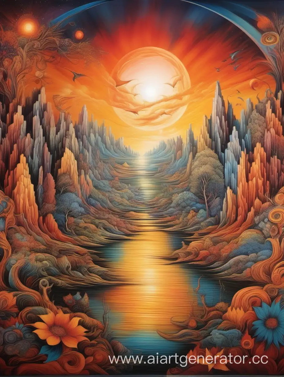 Step into a world of creativity with a visually stunning wall art design, depicting a graceful and sophisticated surreal landscape, combining elements of nature and fantasy, illuminated by the mesmerizing colors of the setting sun, created in an artwork style.