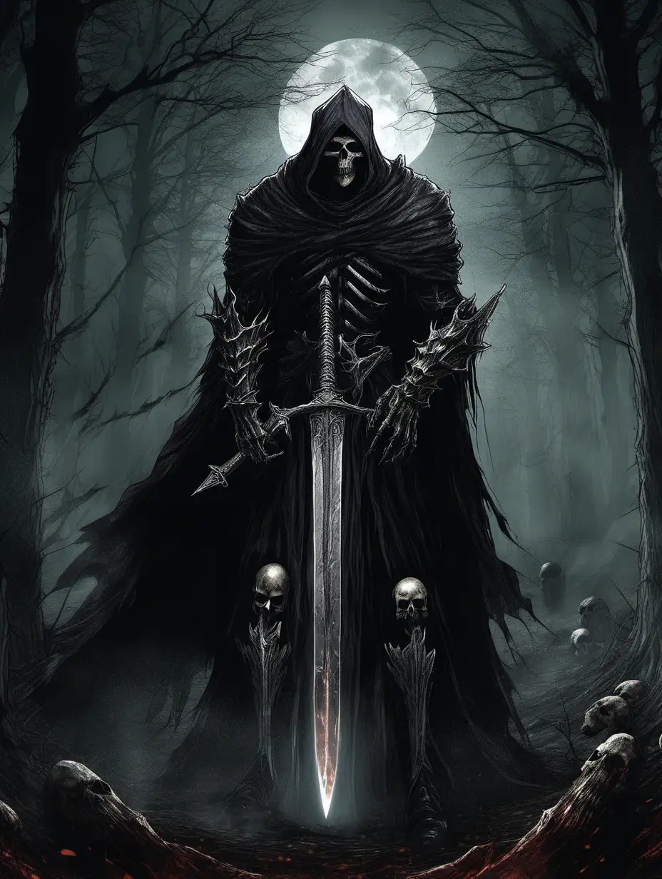 An image of an evil dark wraith from dark souls 3, has a skull for a face, and is wearing heavy black armour that resembles a ribcage, and wears a big black cloak. he has a long straight sword, in a forest at midnight in a detailed fantasy style