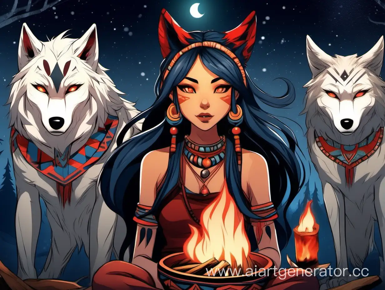 Нарисуй девушку 19 лет с волчьими ушами и хвостом в одежде в стиле племени в черных цветах волосы красные, передняя часть волос блондинистая. На фоне ночь и костёр. 