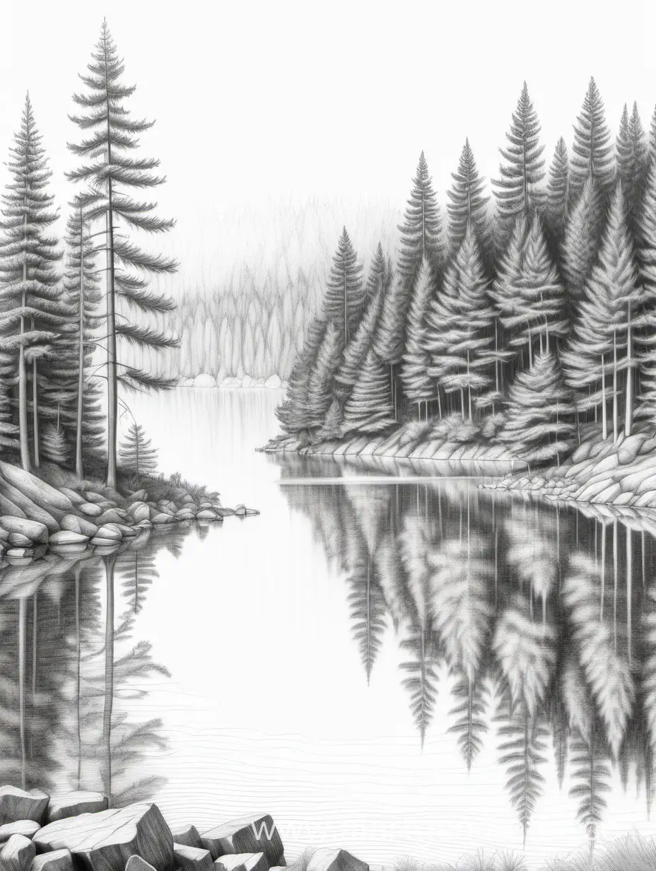 Ультро реалистичный максимально детализированный рисунок в стиле карандашной графики высокого качества,  лесное озеро на белом фоне, по берегам максимально детализированные елочки и сосны 