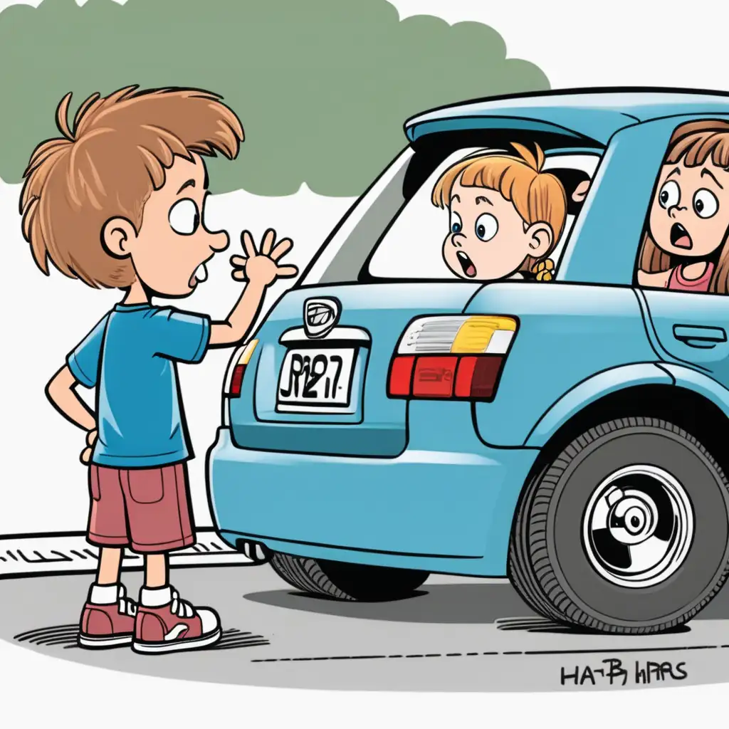sibling reprimanding younger sibling in car cartoon